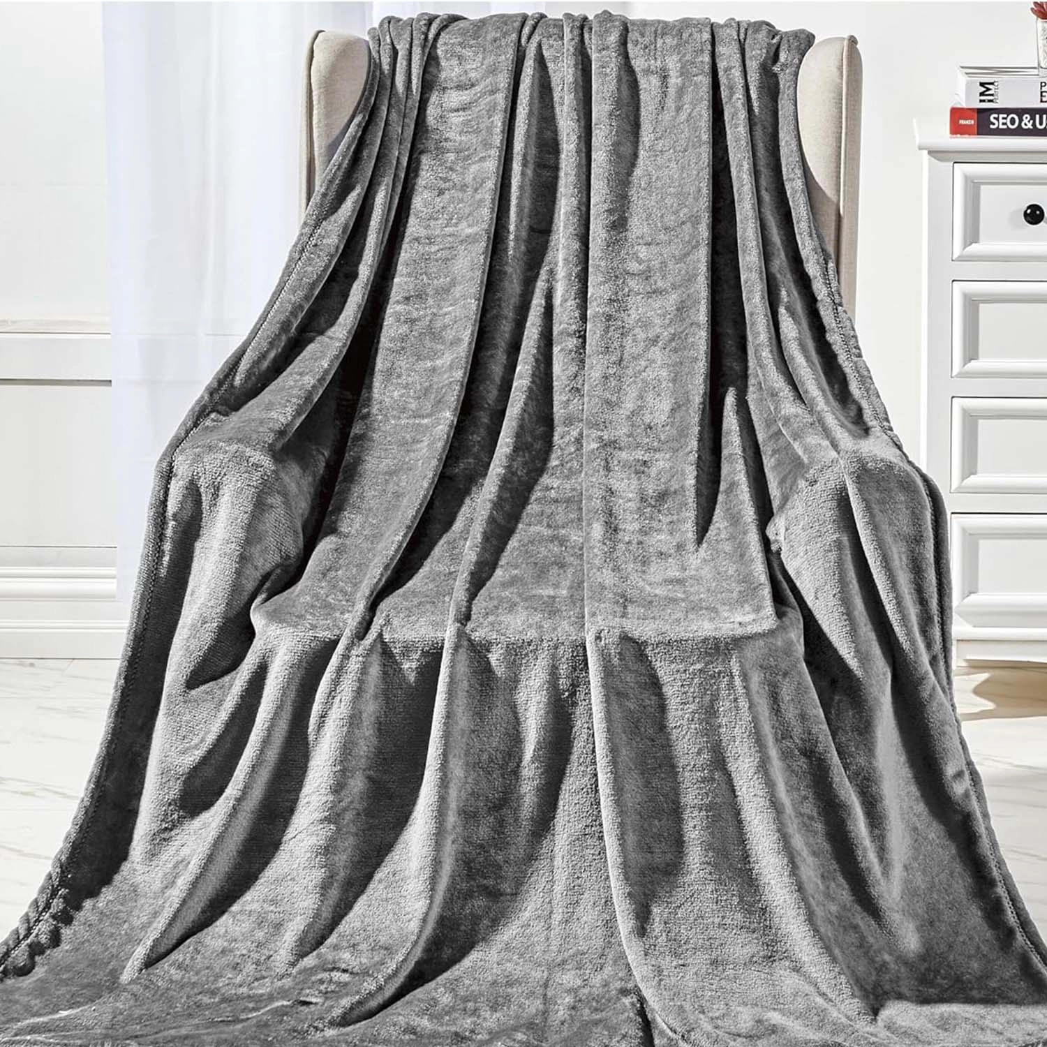 Plazatex Microplush and Microfiber All Season Hydrophobic  Polyester Solid Throw Blanket 50" x 60", Grey