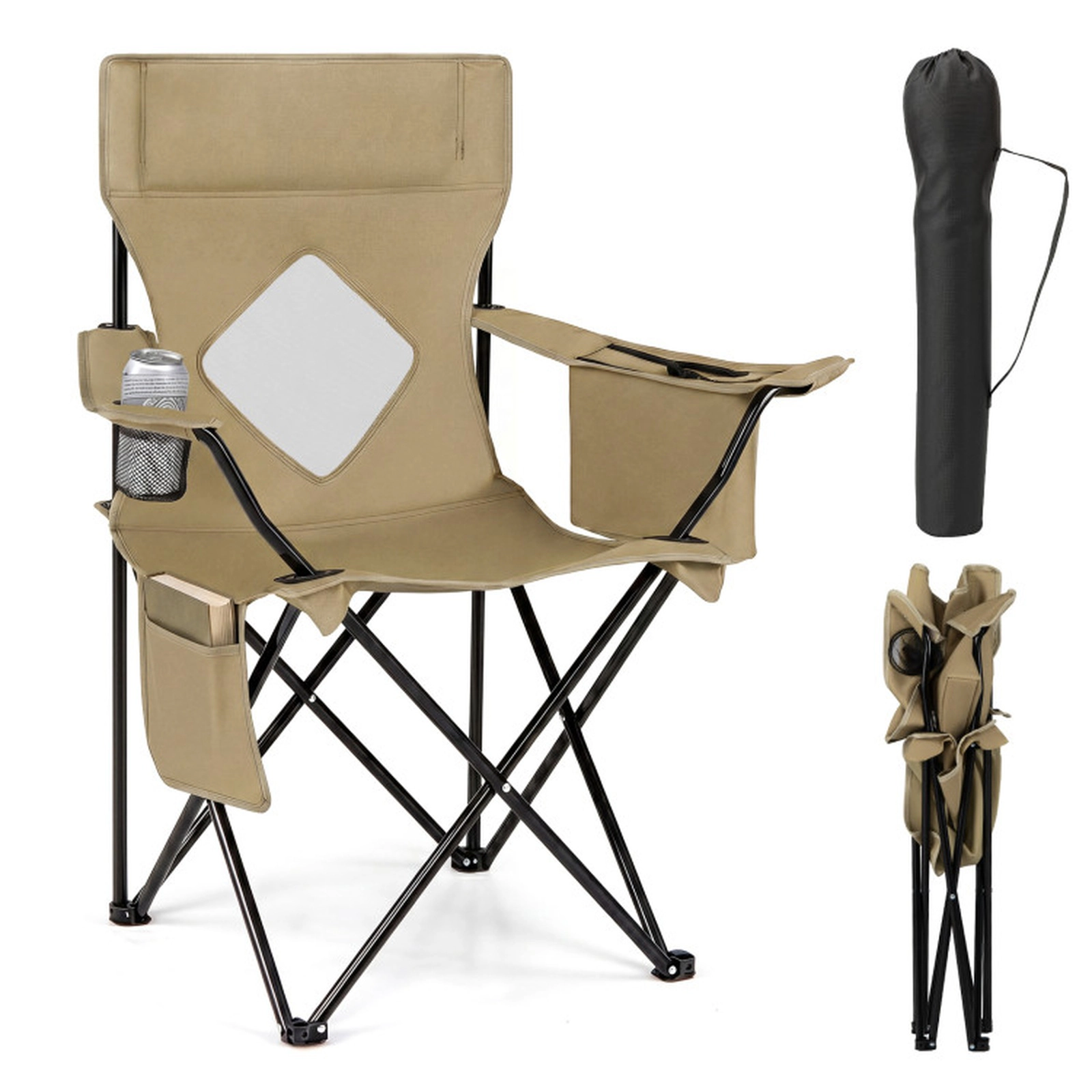 SUGIFT Green Folding Camping Chair with Mesh Backrest and Cooler Bag 35.5-in W 21-in D 37-in H 330-lb Seat Capacity