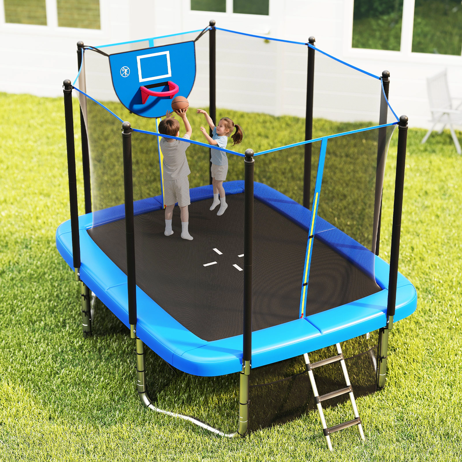 10-ft x 8-ft Rectangle Trampoline Basketball Hoop Soccer Goal 1100-lb Static Capacity Heavy-Duty Hot-Dip Outdoor Blue