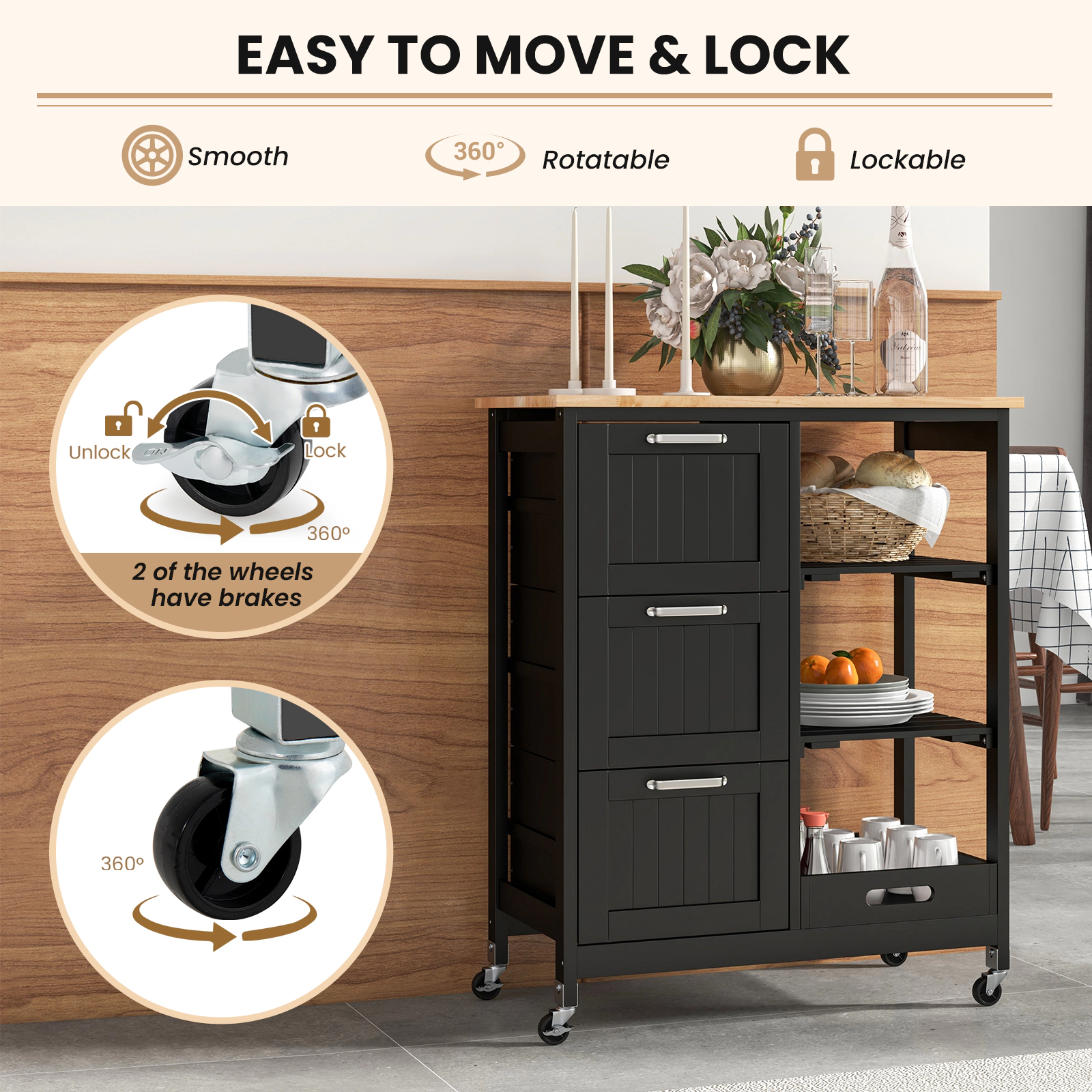 Hivvago Rolling Kitchen Island Utility Storage Cart with 3 Large Drawers