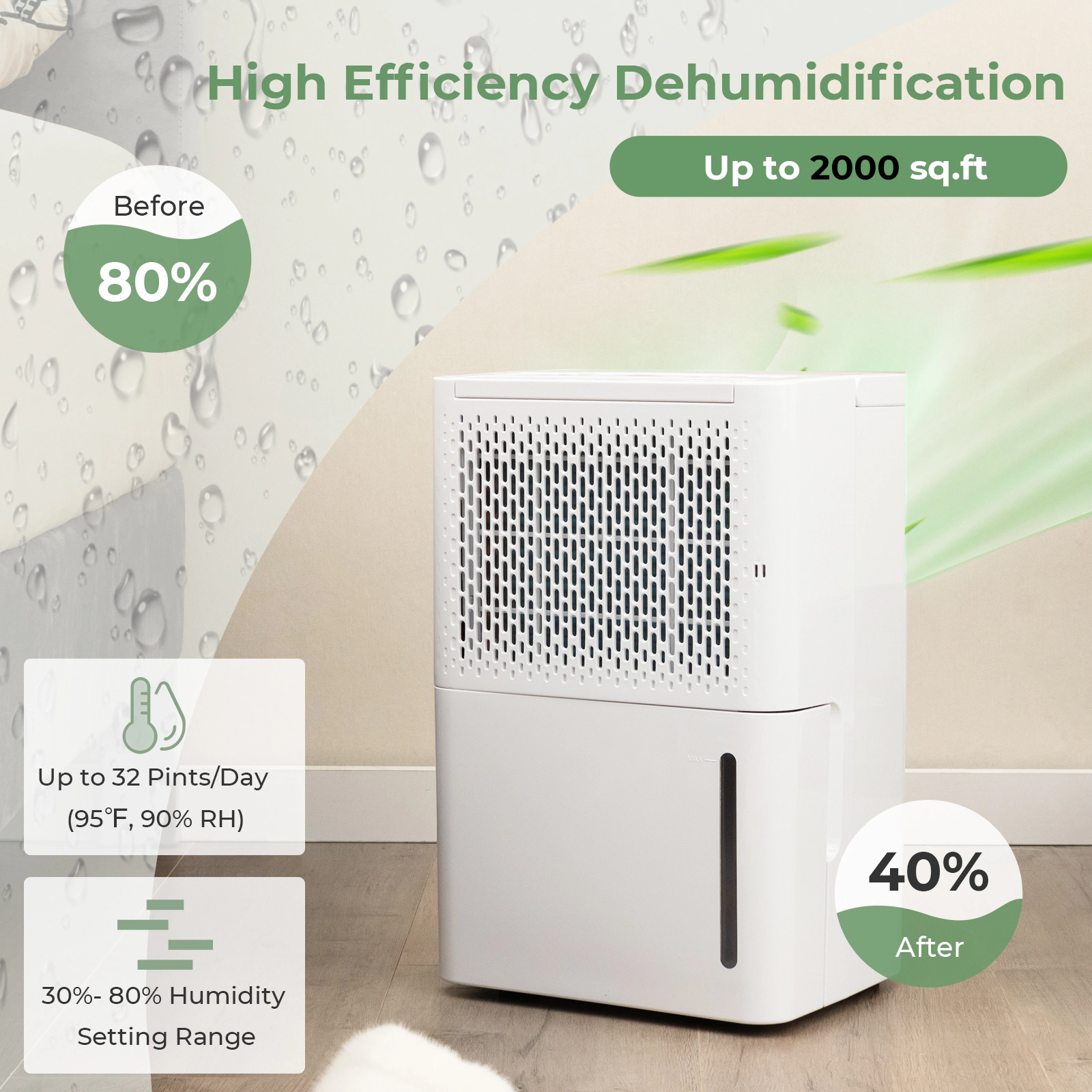 SlickBlue Home Dehumidifier with 32 Pint Capacity, Digital Display and Auto Defrost