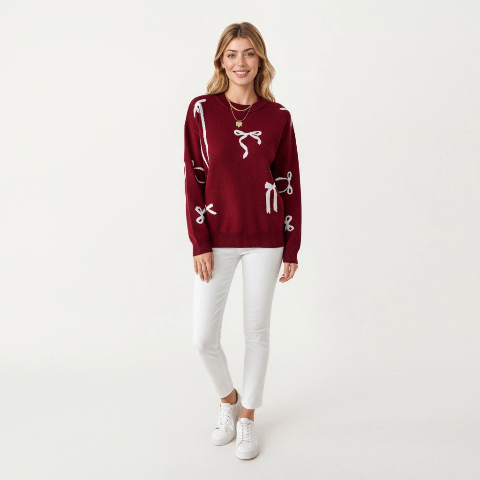 Anna-Kaci Women's Long Sleeve Knit Sweater with Allover Bow Pattern Ribbed Trim