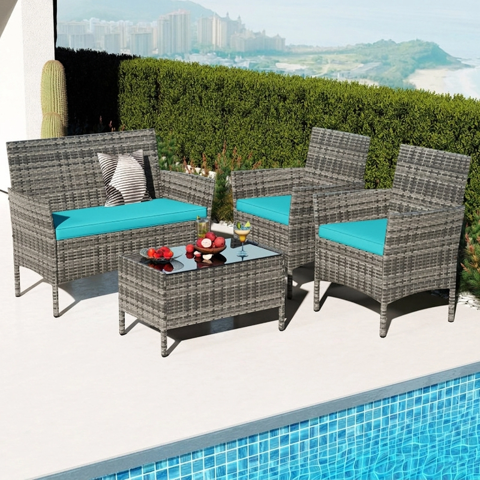 SUGIFT 4-Piece Turquoise Patio Rattan Conversation Set with Glass Table 16-in Seat H 800-lb Loveseat Capacity