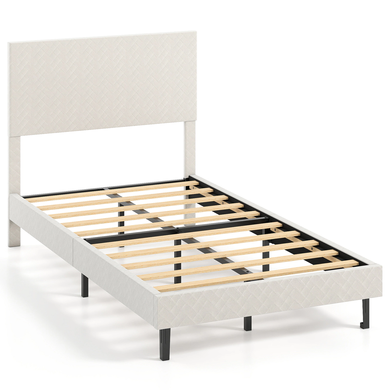 SUGIFT Height Adjustable Velvet Upholstered Twin Platform Bed Frame Chevron Headboard 500-lb Capacity 77.5-in Long Beige