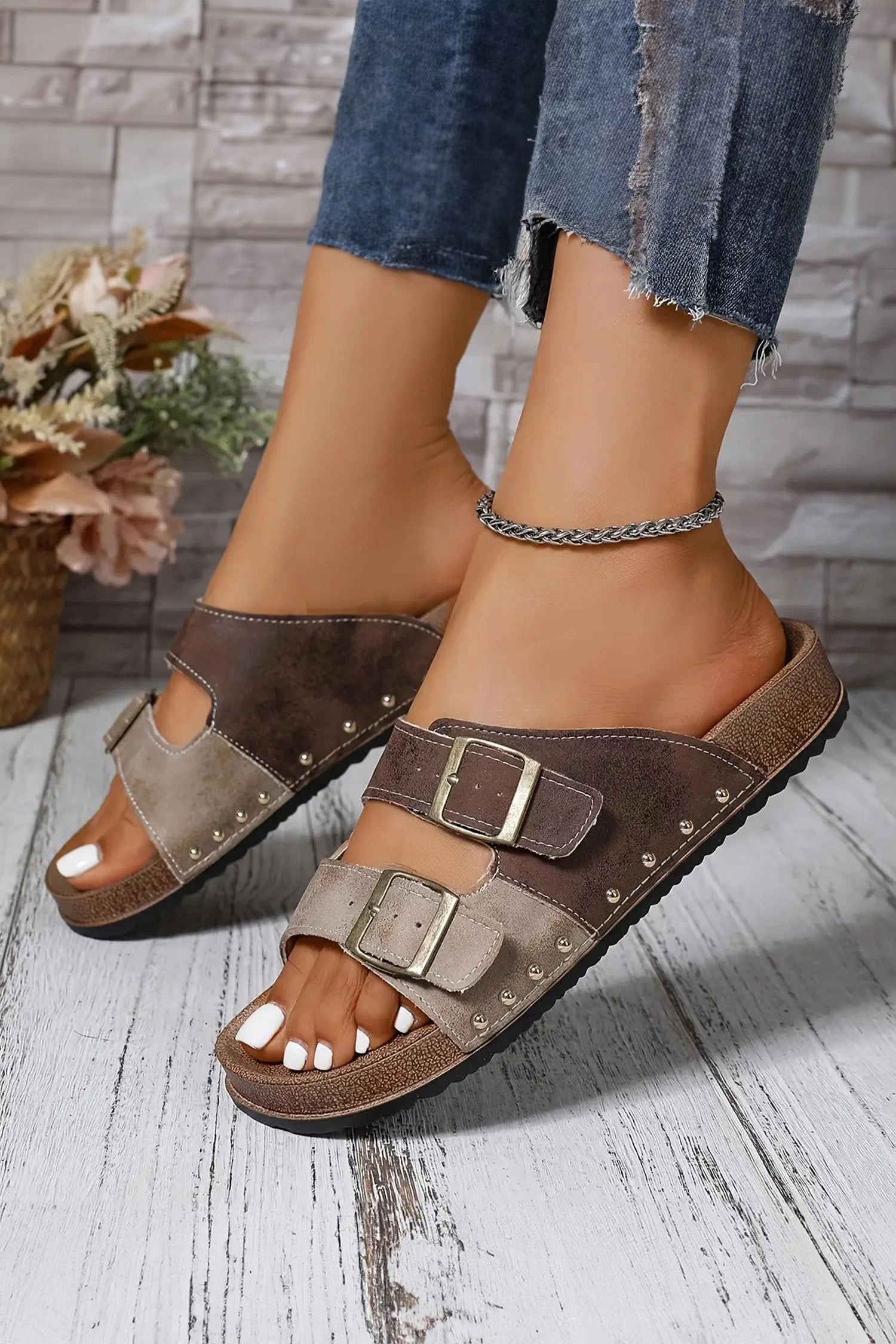 Threaded Pear Womens Elisha Faux Suede Slippers - Open-Toe Dual Buckle, Coffee
