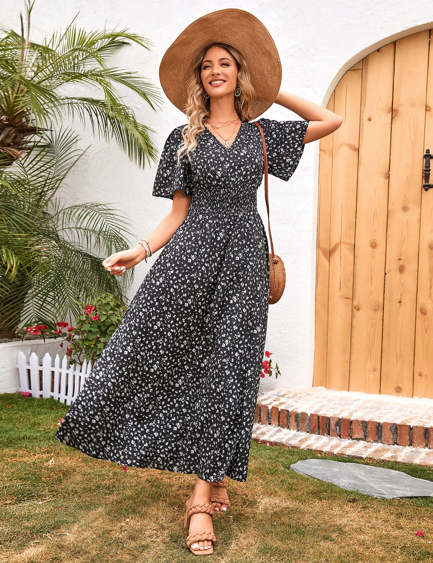 KOJOOIN Women Floral Maxi Dress V Neck Flutter Short Sleeve Smocked Waist A-Line with Side Split Sun Dresses