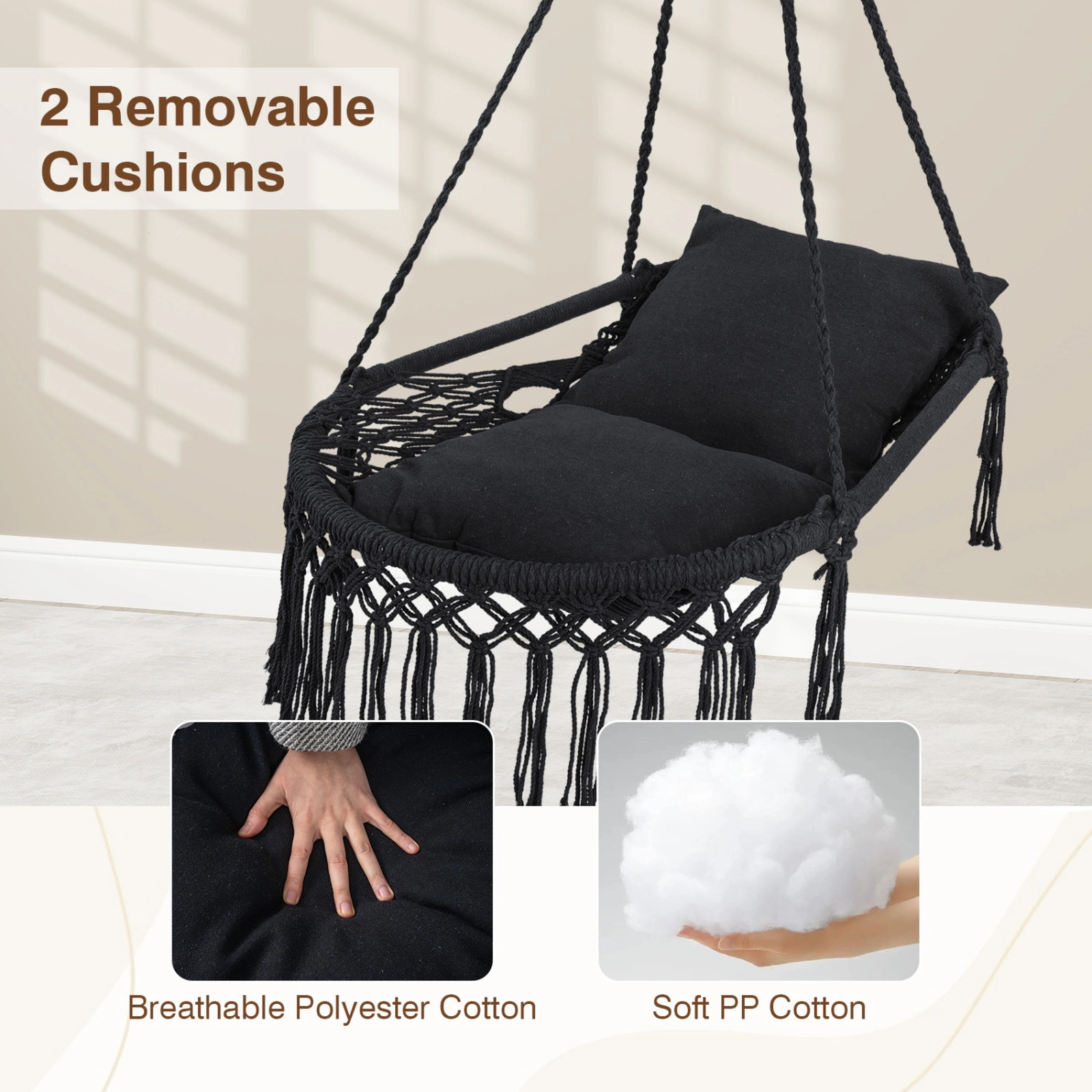 SUGIFT Black Cushioned Hanging Hammock Chair, 330-Lb Capacity, Foldable Frame, Indoor/Outdoor
