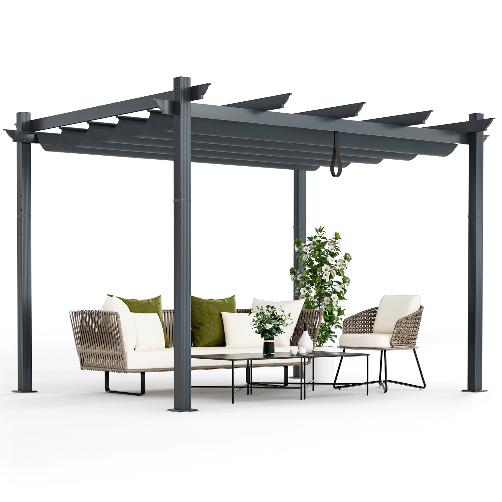 SUGIFT Powder-Coated Aluminum Retractable Pergola Canopy Shelter 10 x 12 in Shade Area Rope Loop & Locking System Gray
