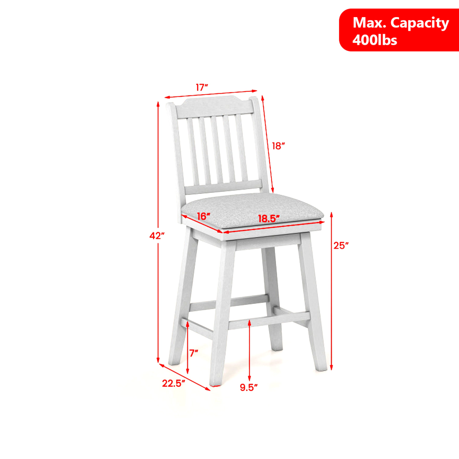 Hivvago Stylish 25-Inch Counter Height Stools with Cushioned 360° Rotating Seat - Set of 2