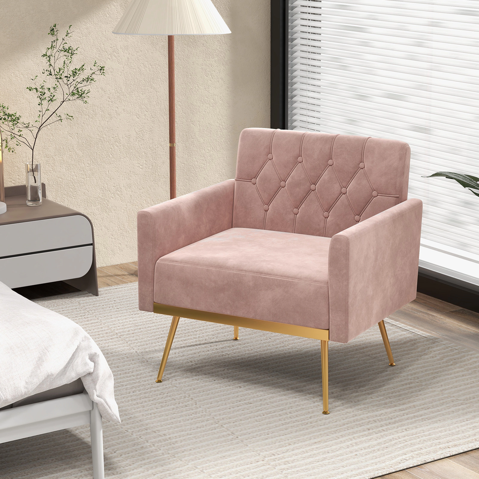 Velvet Accent Chair Pink Button Tufted Back with 25-in Wide Seat Gold Metal Legs Adjustable Levelers Spring Seat