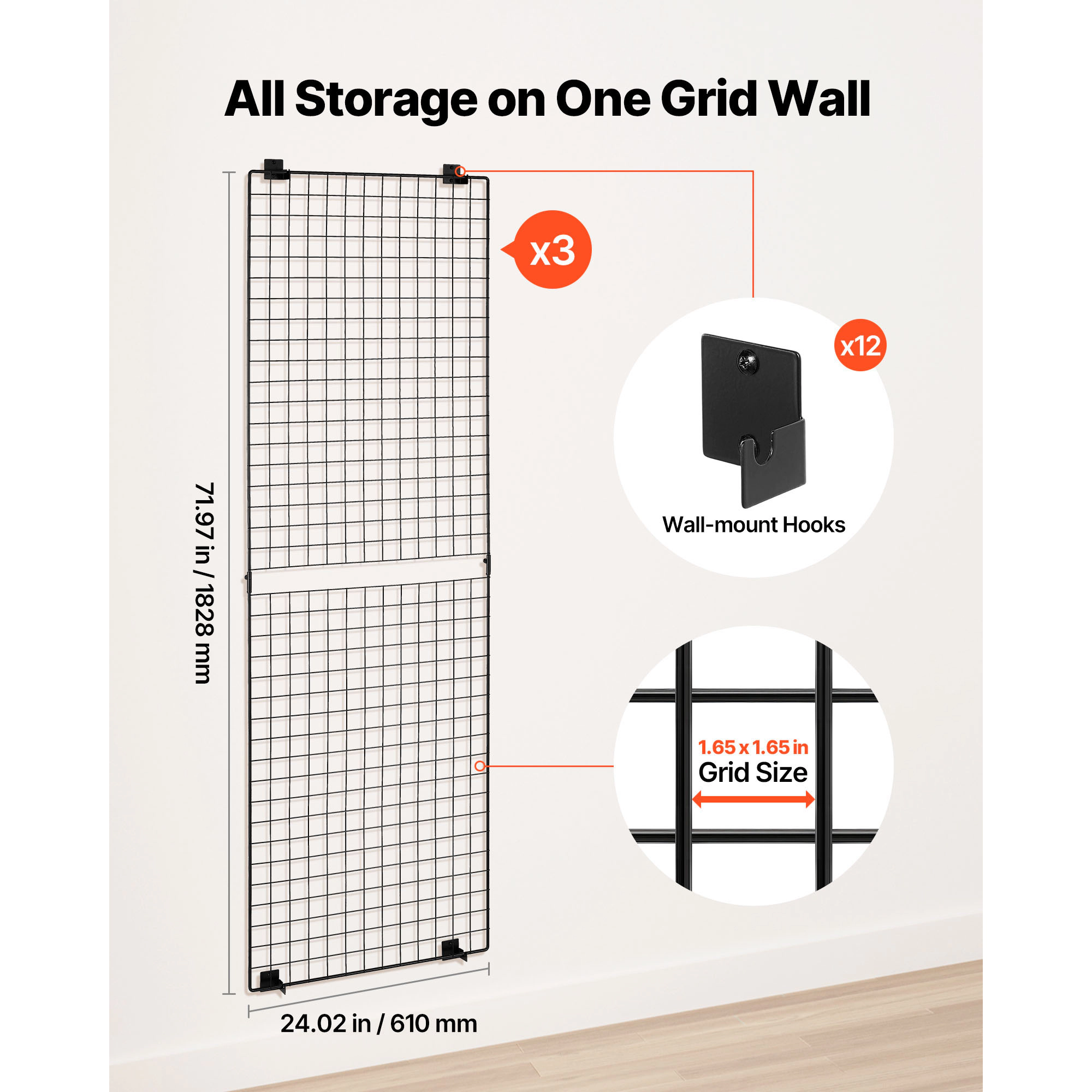 HONGGE Grid Wall Panels Wire Grid Panels Display Rack Movable Art Display Shelf with Wheels and Hooks Black Carbon