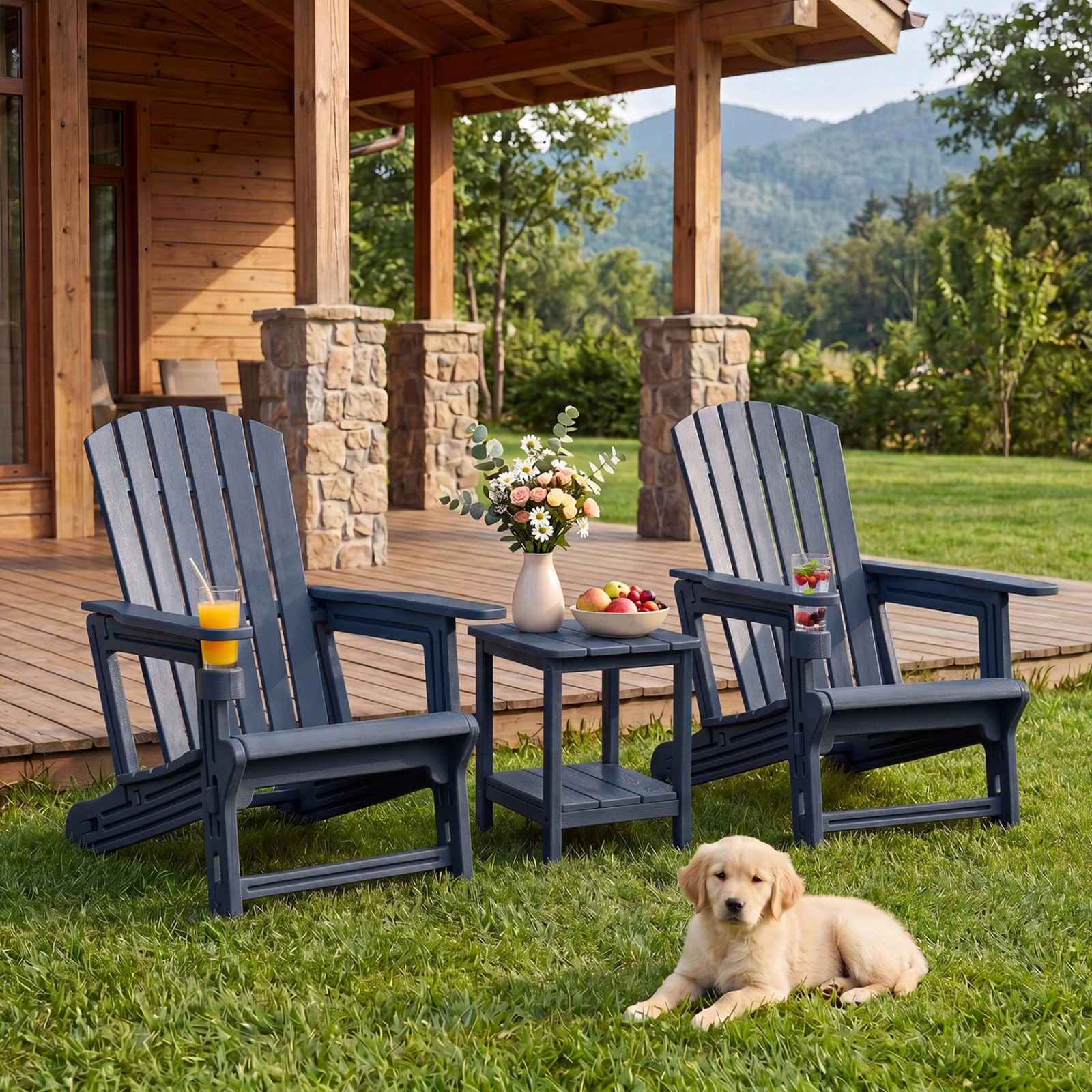 SUGIFT Wood-Like HDPE Adirondack Chair with Cup Holder High Back 330-lb Capacity Blue