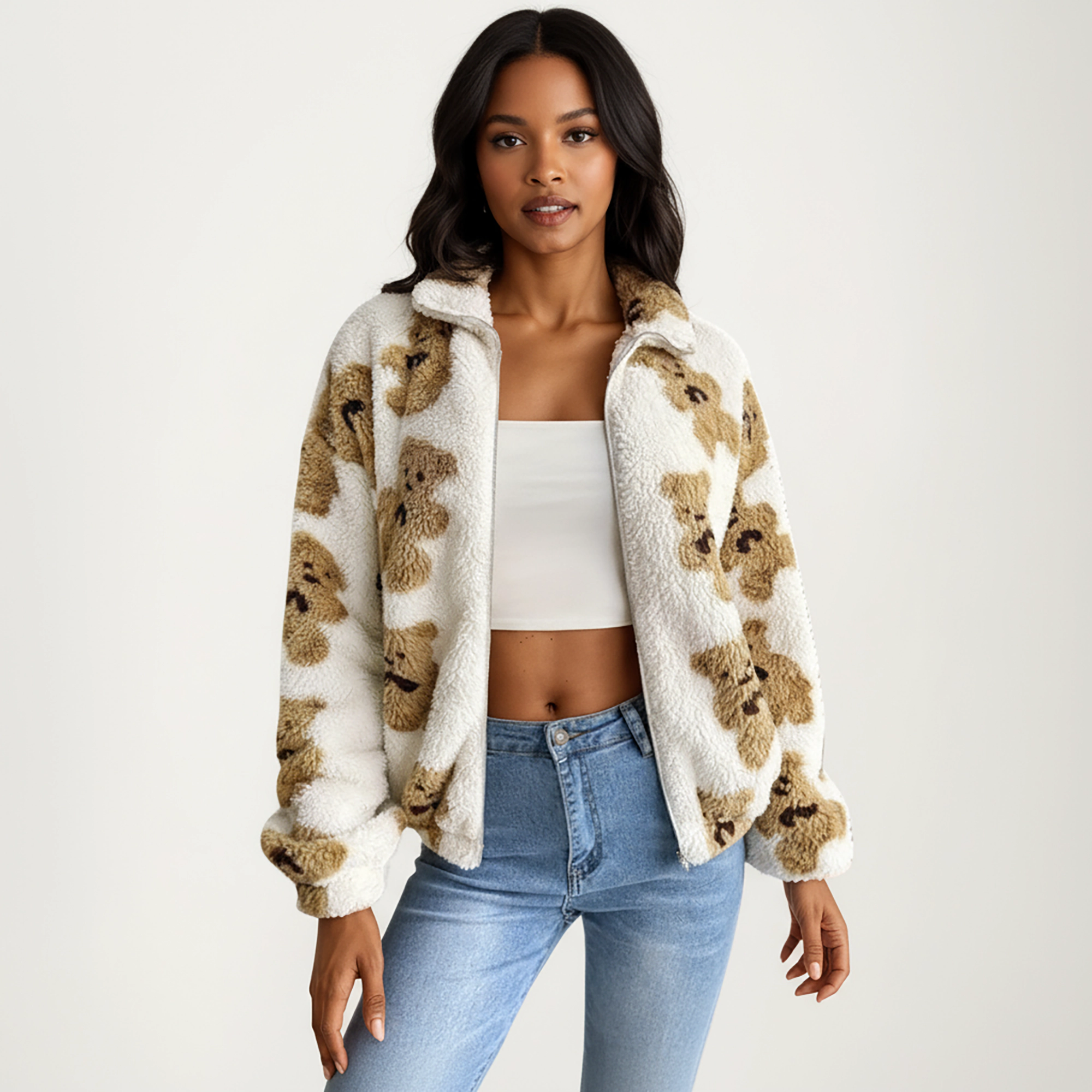 Anna-Kaci Women's Zip-Up Teddy Print High Pile Fleece Jacket with Long Sleeves and Relaxed Fit