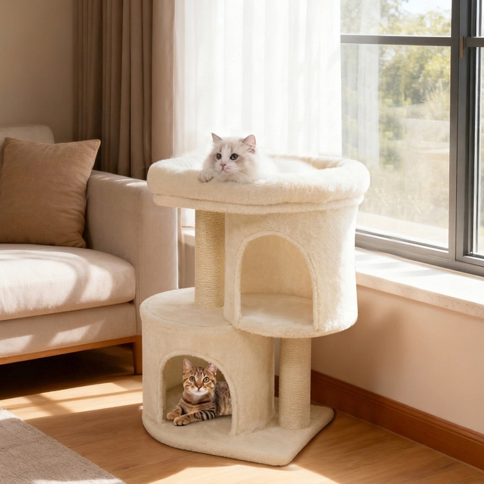 SUGIFT Multi-Level Cat Tree Tower with Large Padded Perch Dual Condos and Sisal Scratching Post 29-lb Capacity Beige