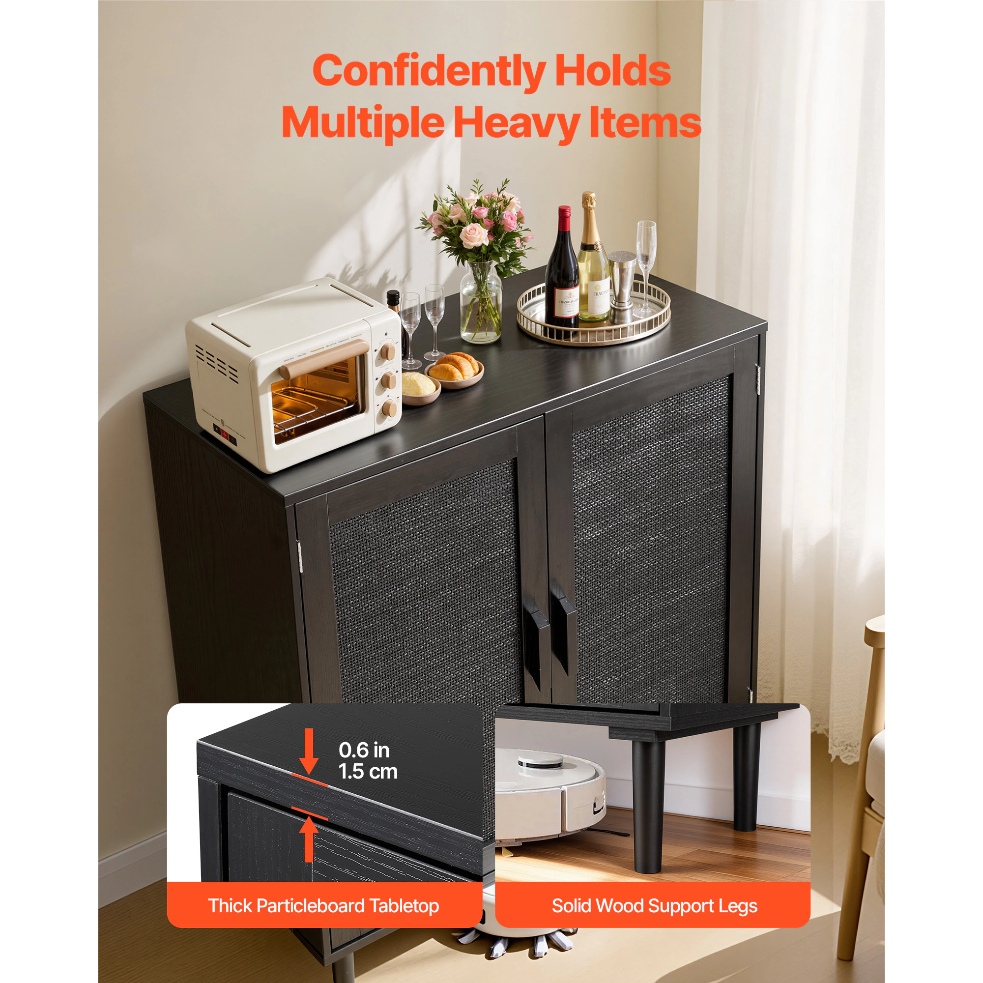 HONGGE Rattan Cabinet Rattan Storage Cabinet with 2 Magnetic Doors and Adjustable Shelves Accent Sideboard Buffet with