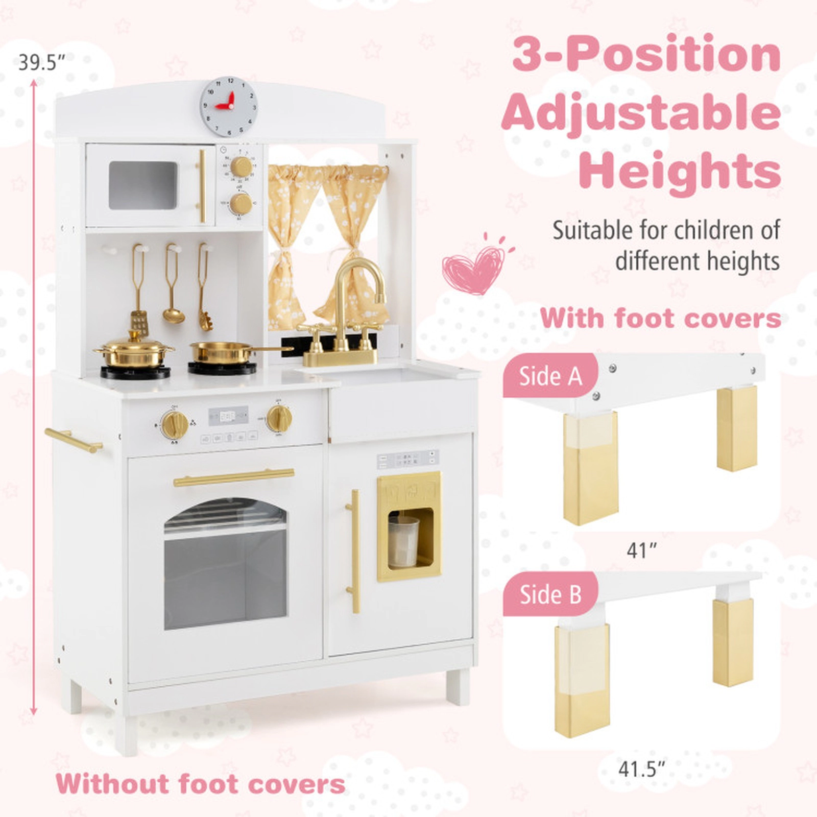 SUGIFT Gold 3 Adjustable Heights Microwave and Ice Maker Kids Wooden Chef Play Kitchen