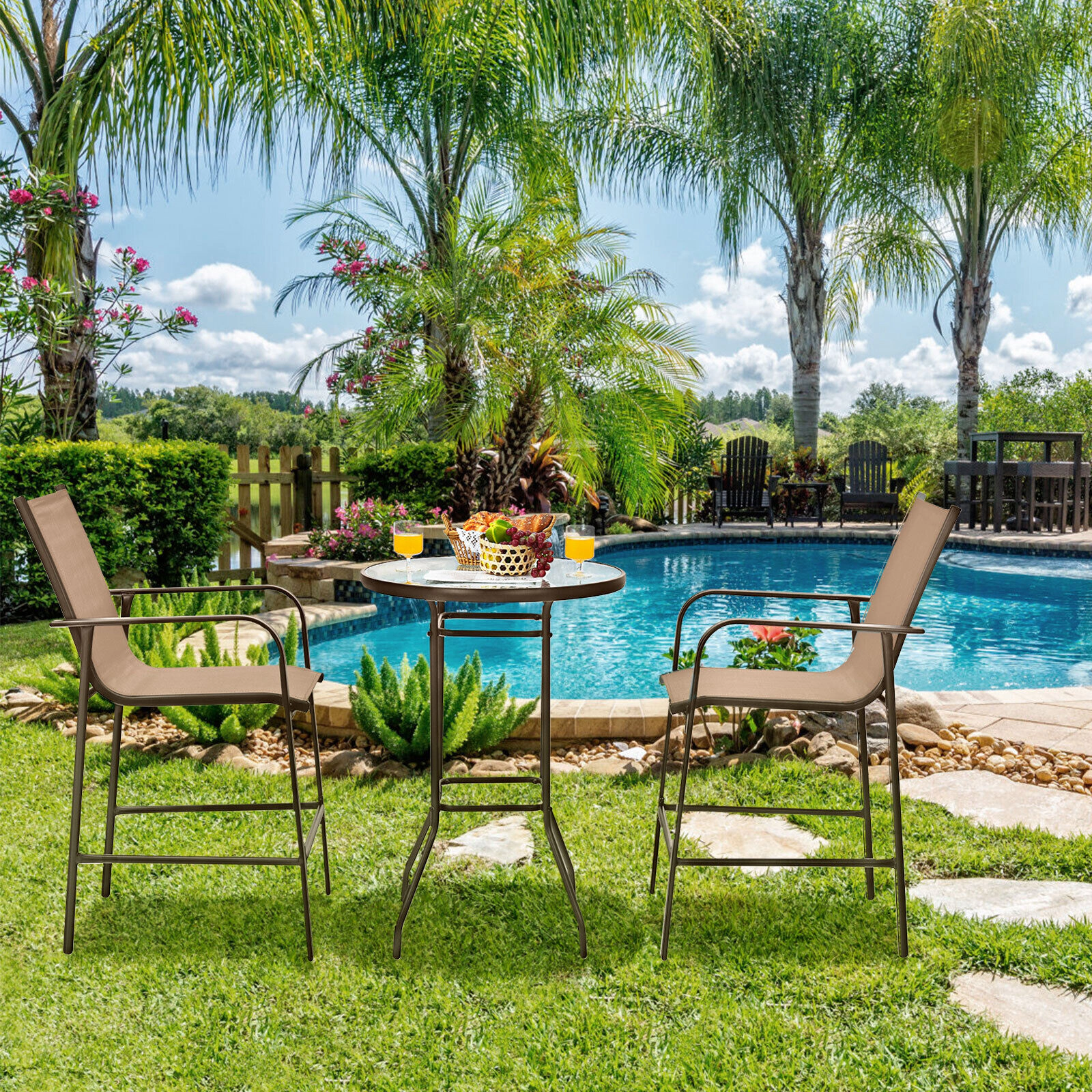 SUGIFT Brown Tempered Glass Top and Footrests 3-Piece Outdoor Bar Table and Stool Set