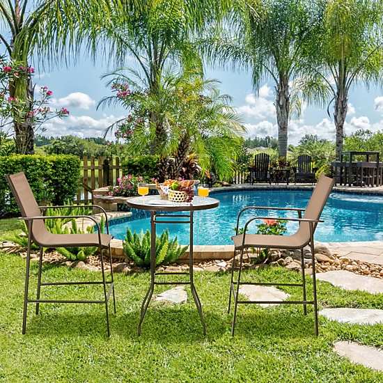 SUGIFT 3-Piece Brown Patio Furniture Set with Bar Table 2 Stools and Footrests 45-in H 330-lb Per Stool