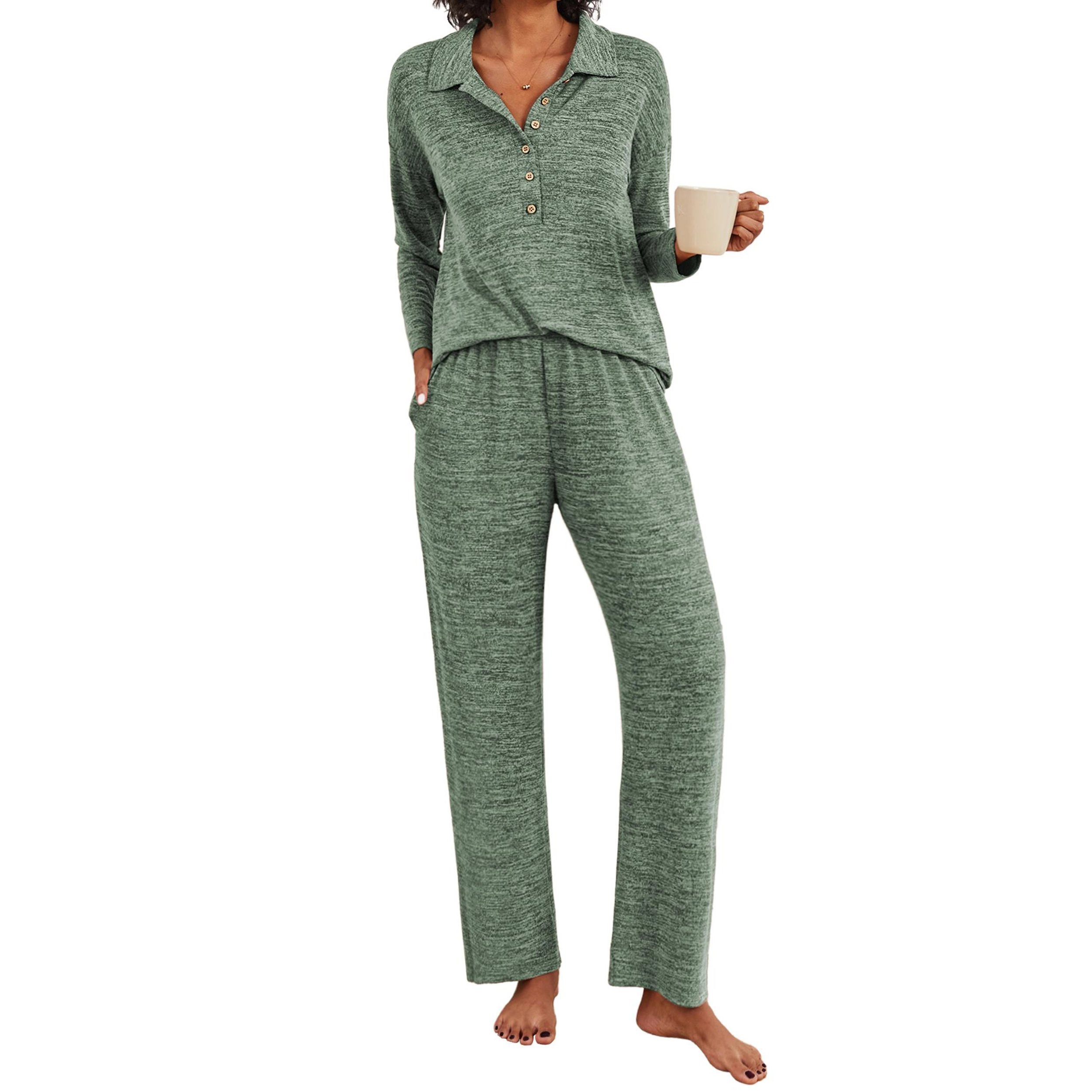 Ekouaer Womens Pajamas Set Two Piece Knit Long Sleeve Button Down Sleepwear Lounge Sets