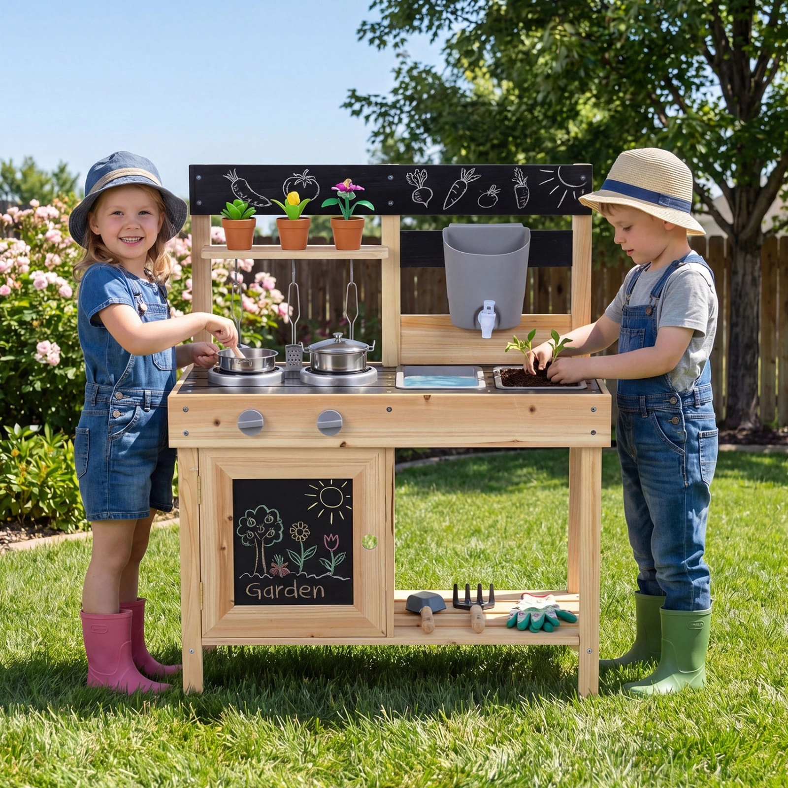 Mud Kitchen for Kids Outdoor 2 Removable Sinks Working Faucet 5 Kitchenware Pieces 26.5-in Fir Wood Ages 3+ Natural