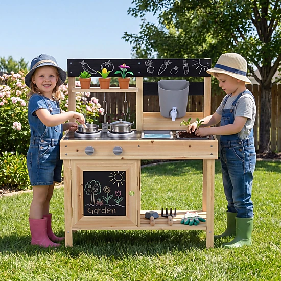 Mud Kitchen for Kids Outdoor 2 Removable Sinks Working Faucet 5 Kitchenware Pieces 26.5-in Fir Wood Ages 3+ Natural