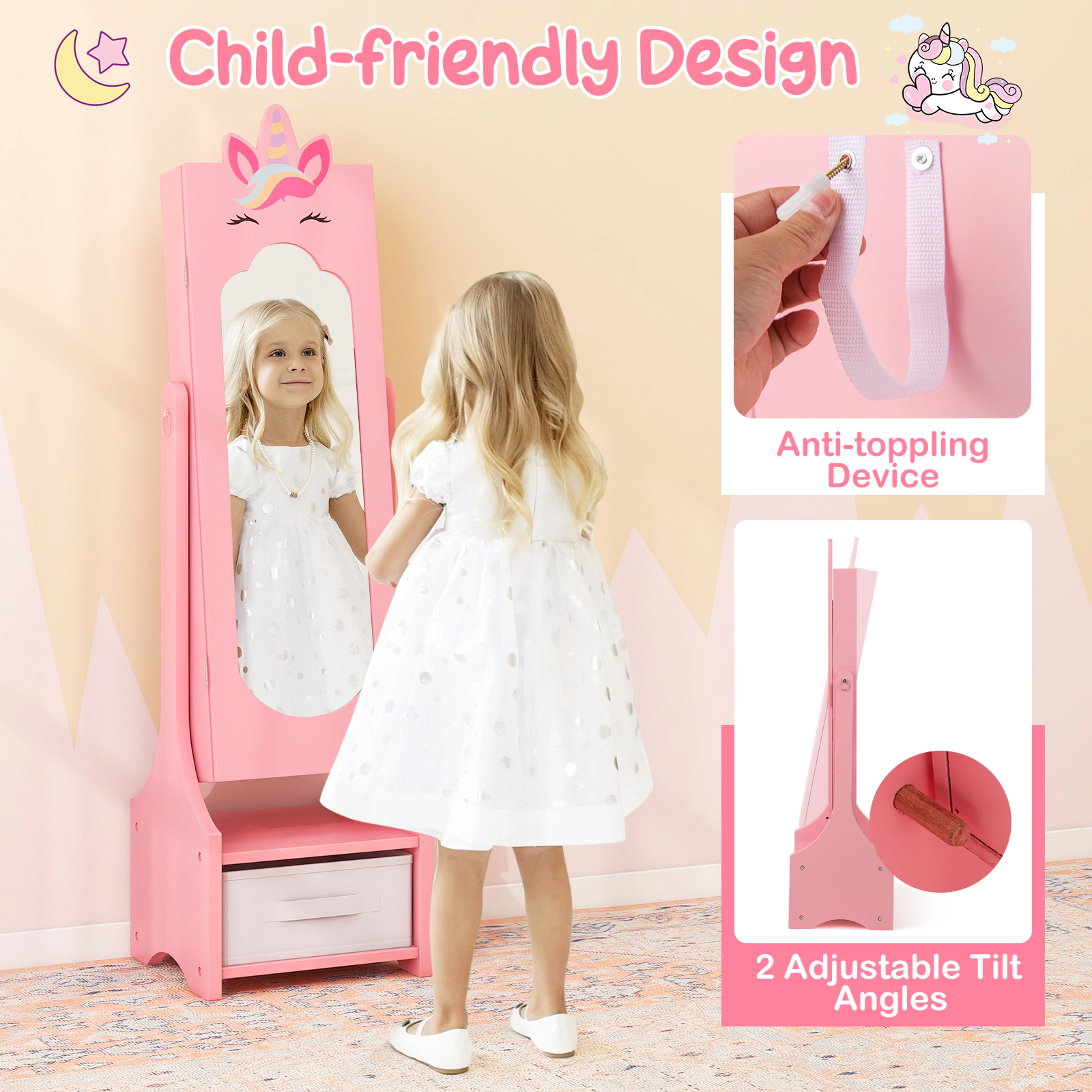 SUGIFT Pink Kids Jewelry Armoire Cabinet with Full-Length Mirror and Storage Compartments 45.5-in H