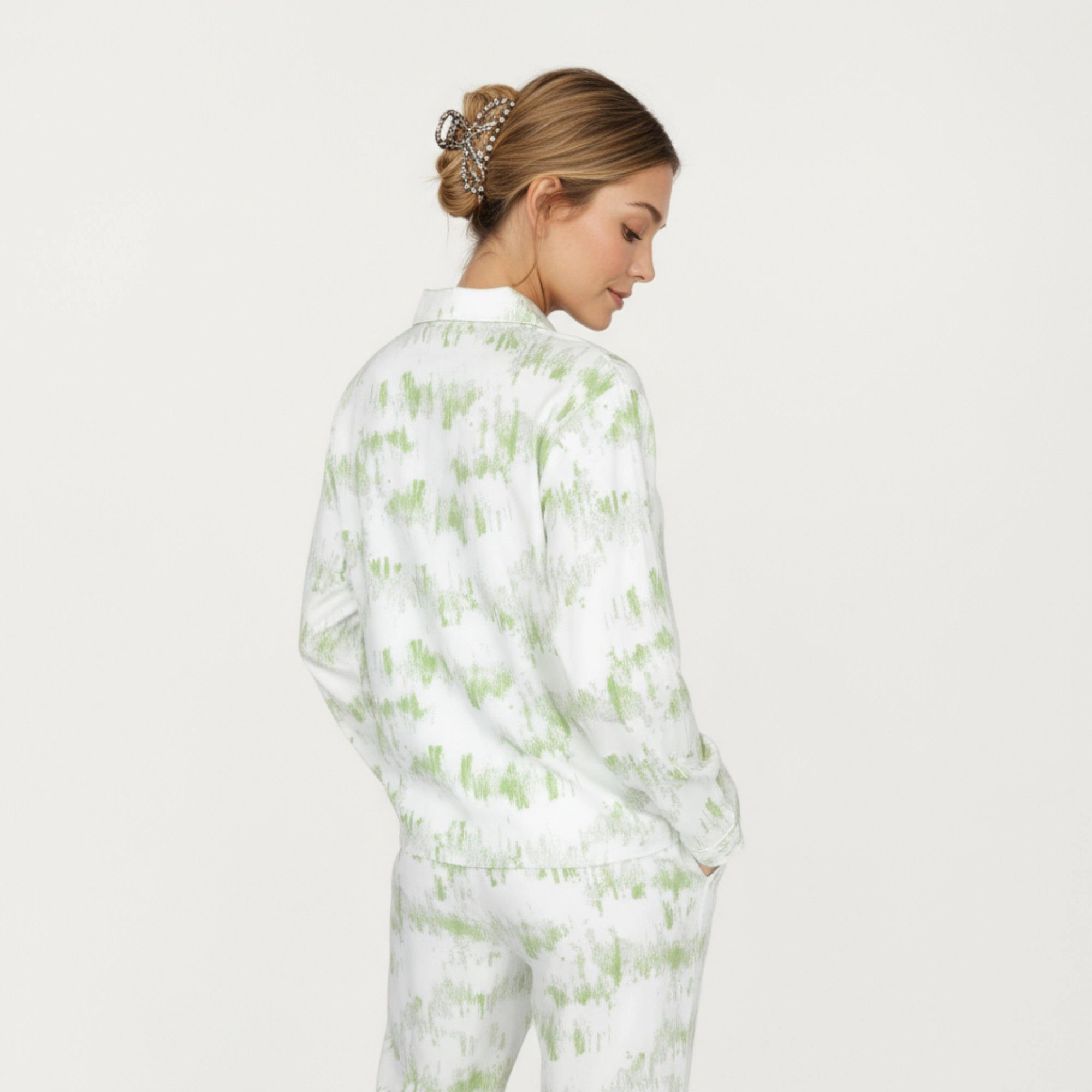 Anna-Kaci Women's 2-Piece Built-In Chest Pads Top and Relaxed Fit Pants Pajama Set with Brushstroke Print