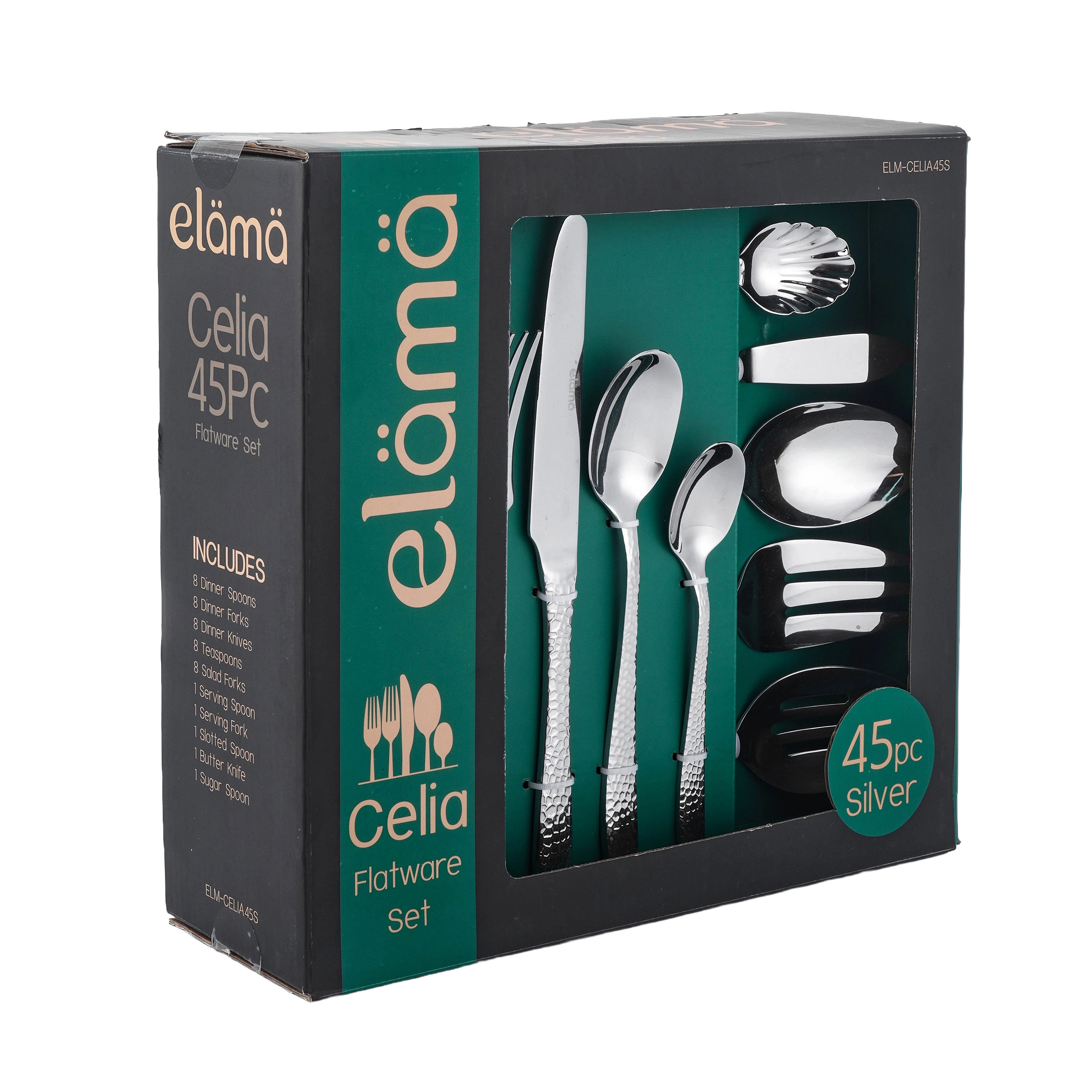 Elama Celia 65 Piece Mirror Polished Stainless Steel Flatware Set with Serving Pieces