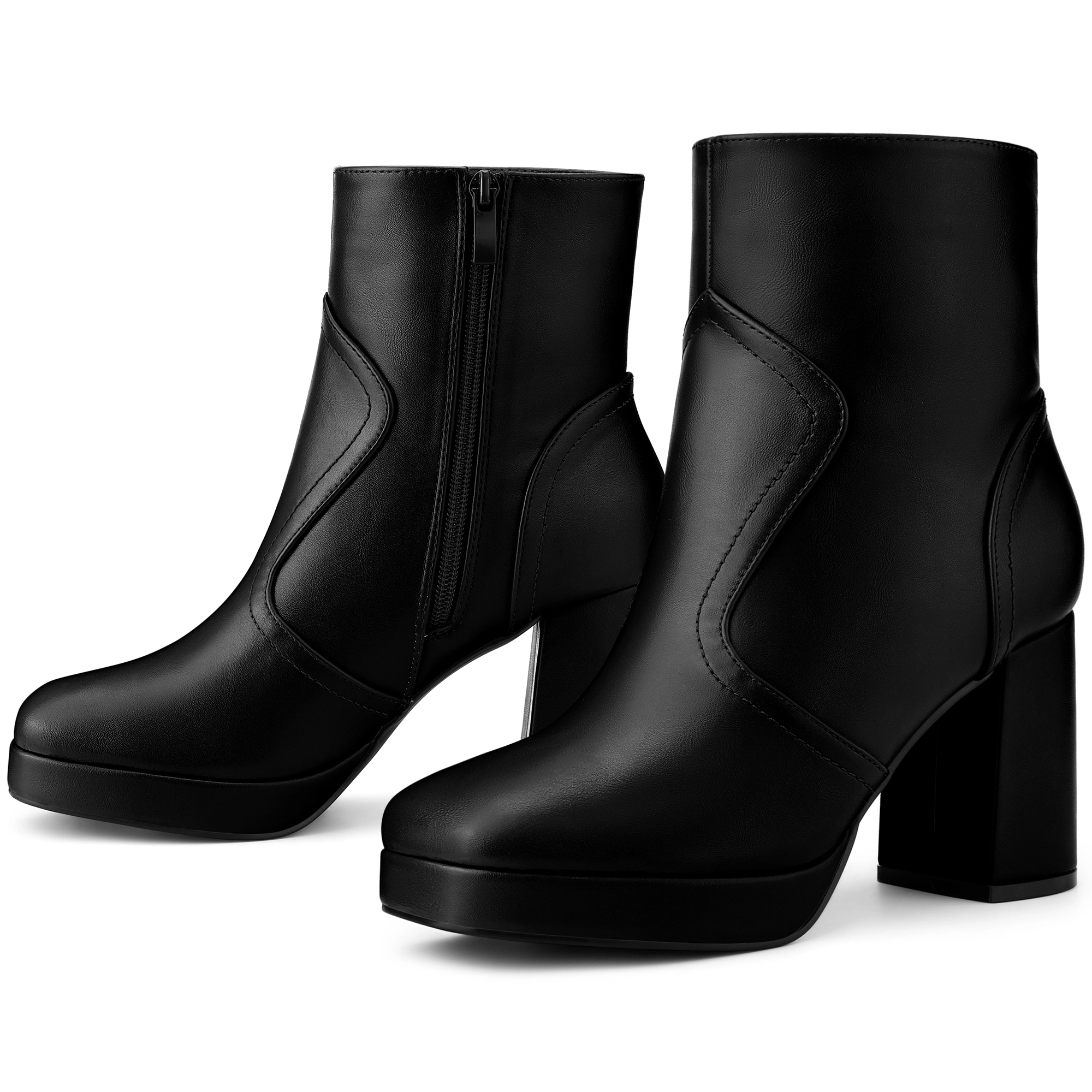 BLISSFUL STEP Women's Squared Toe Platform Chunky Heels Ankle Boots
