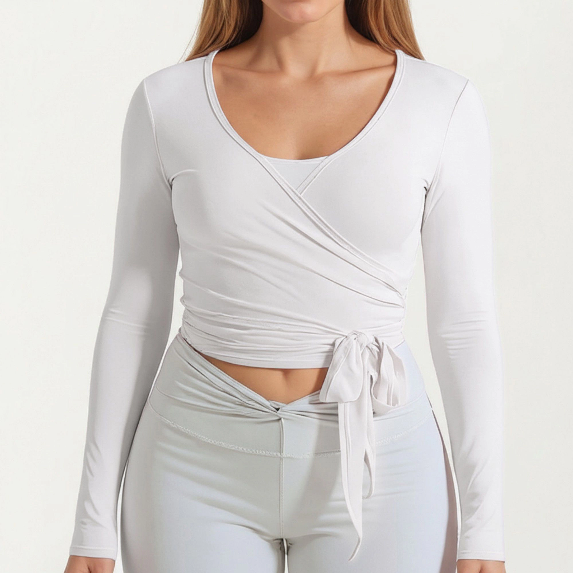 Anna-Kaci Women's Long Sleeve Faux-Wrap Athletic Top with Adjustable Tie Waist