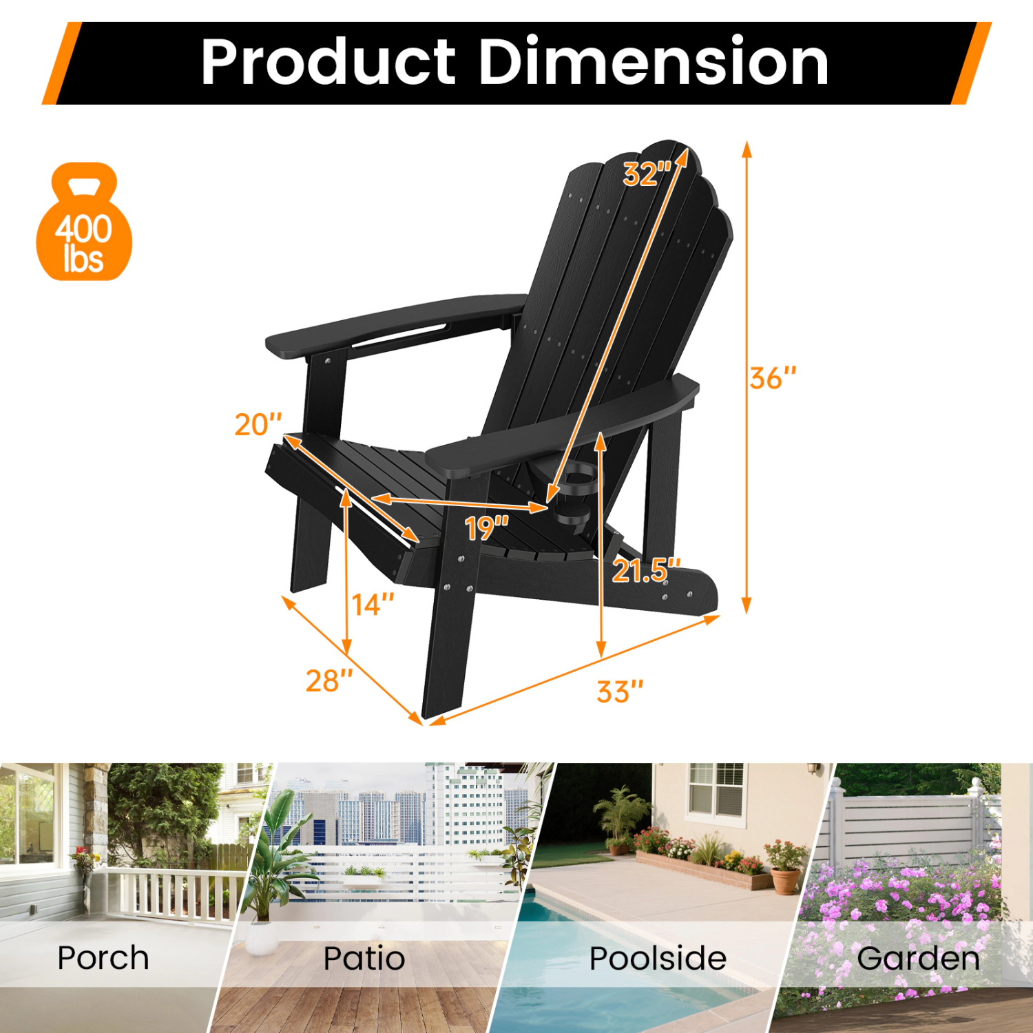 LJG Outdoor Adirondack Chair with Built-in Cup Holder for Backyard Porch