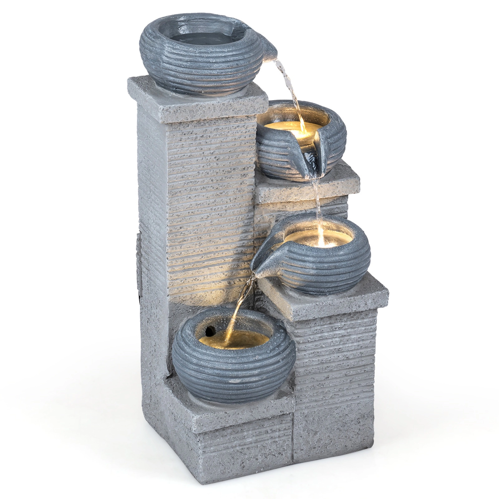 SUGIFT Gray 4-Tier 23-in Outdoor Water Fountain with LED Lights Cascading Bowl Waterfall in Resin