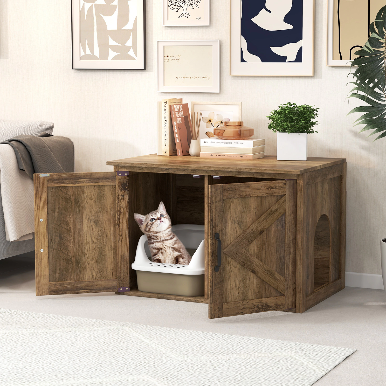 SUGIFT Flip Top Hidden Cat Washroom Pet House Cabinet with Double Barn Doors 66-lb Top Capacity 55-lb Inner Capacity Oak
