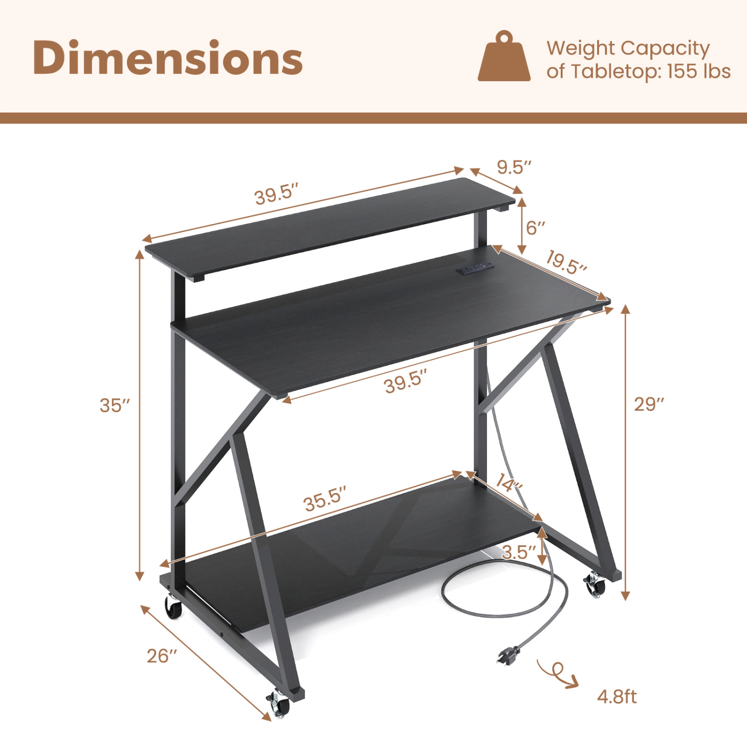 SUGIFT Rolling Computer Desk with Charging Station and Monitor Shelf 155-Lb Tabletop Capacity Rustic Brown/Black