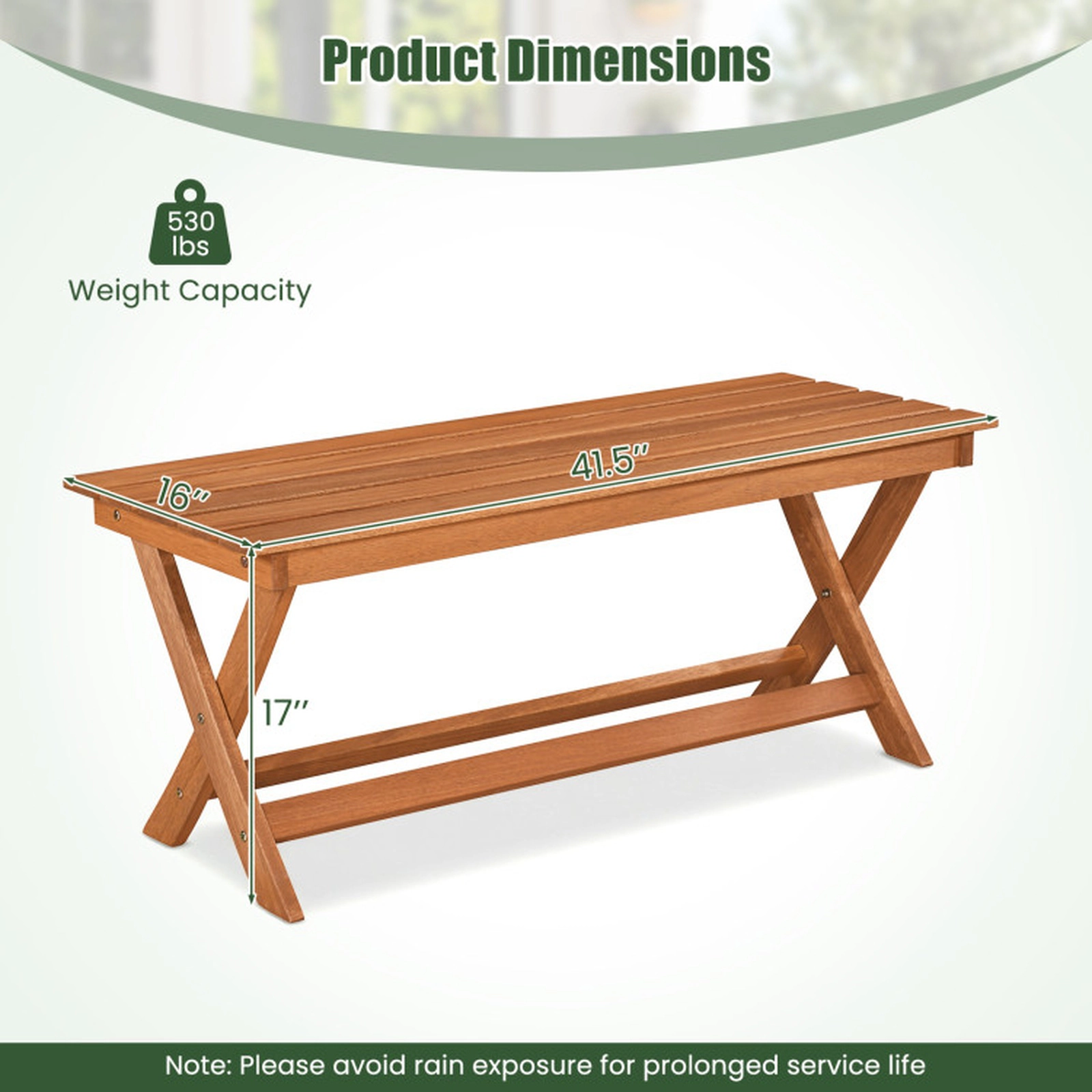 SUGIFT 2-Seat Wooden Garden Patio Bench with X-Shaped Legs 530-lb Capacity Backless Slatted Seat Natural