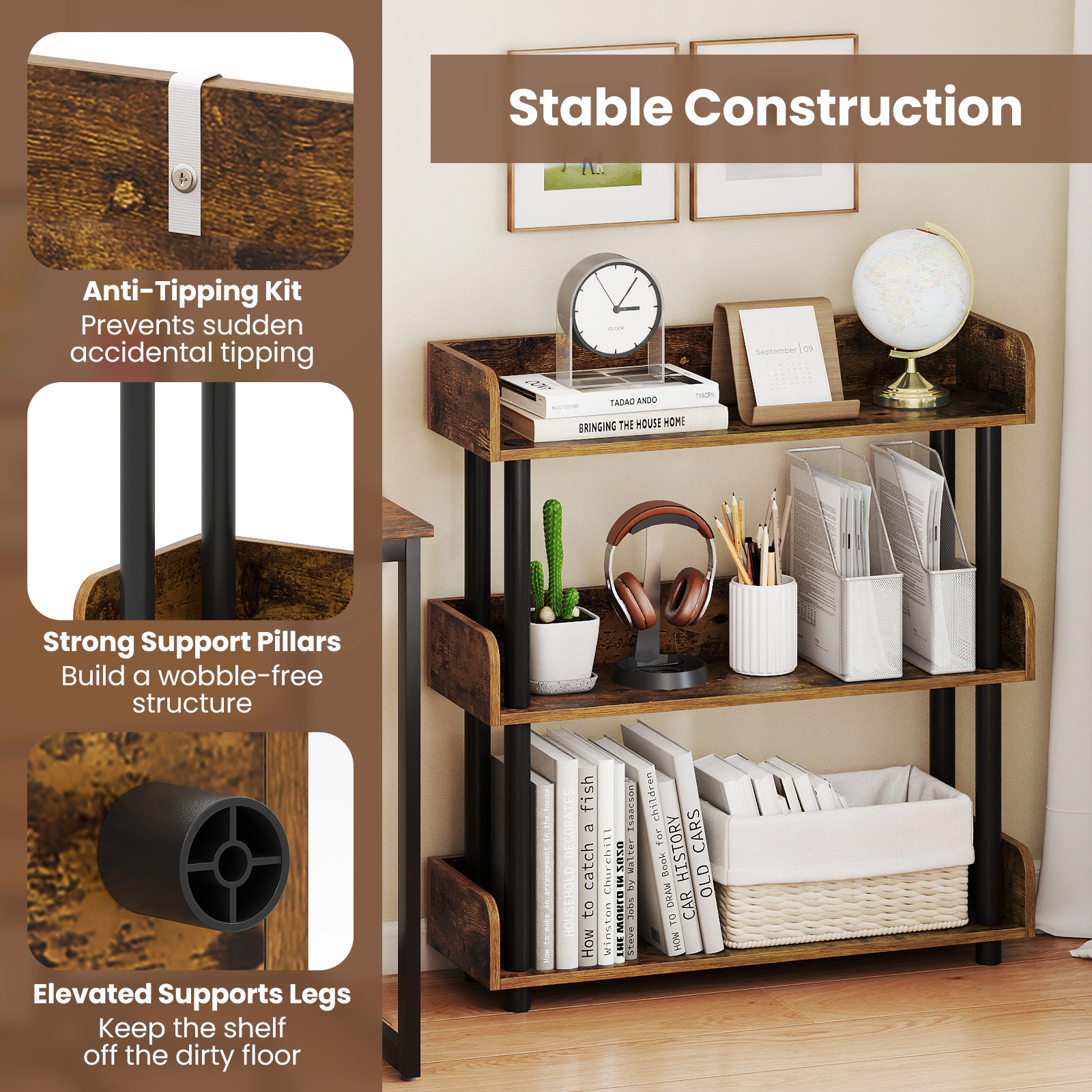 SUGIFT 3-Shelf Rustic Brown 31.5-in Wide Low Bookshelf Open Display Storage Unit with Anti-Tipping Kit