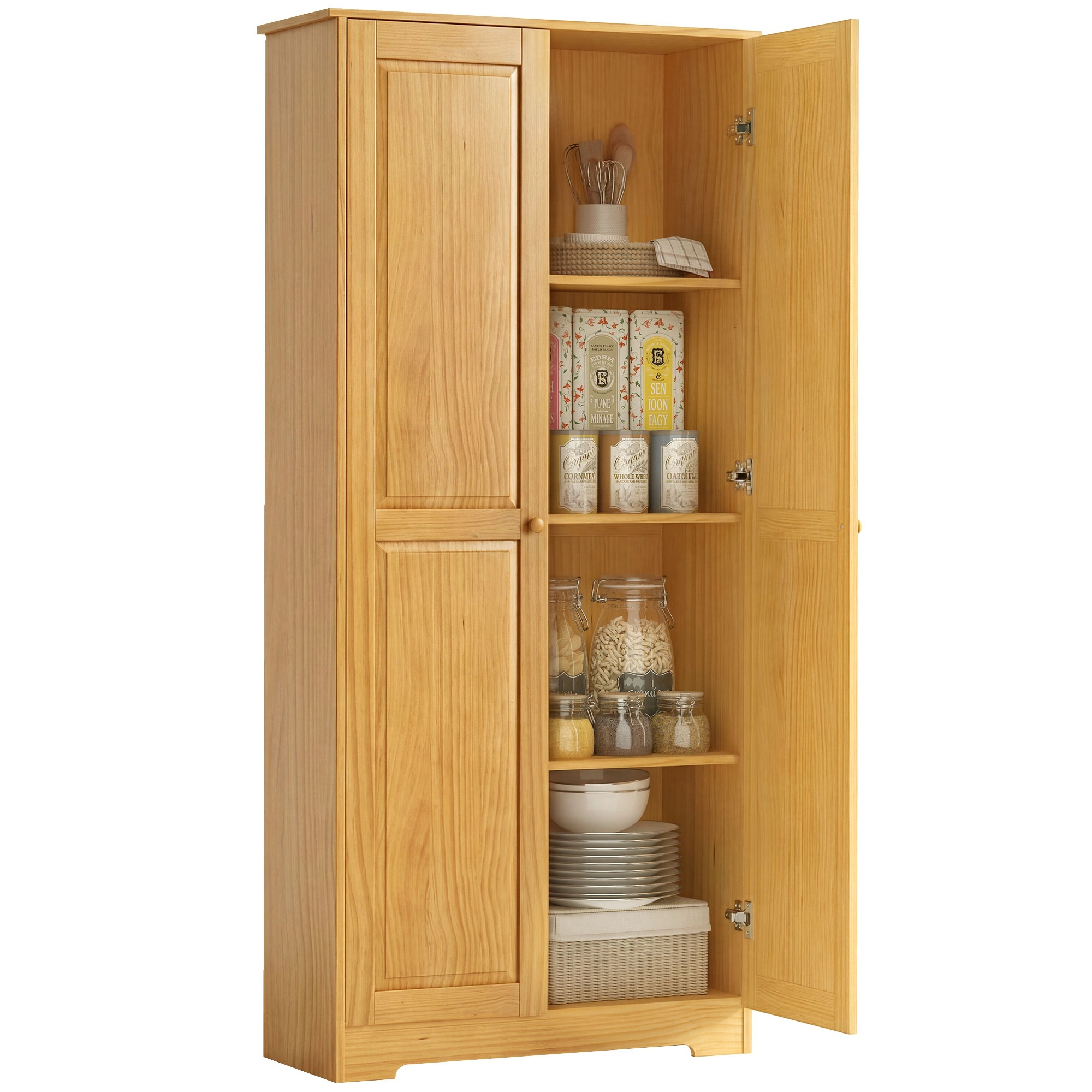 HONGGE 67" Pinewood Kitchen Pantry Storage Cabinet, Freestanding Cabinets with Doors and Shelves, Dining Room