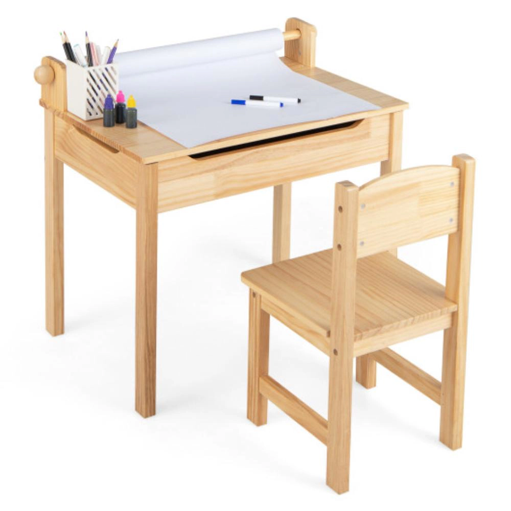 Hivvago Toddler Multifunctional Activity Table And Chair Set With Paper Roll Holder-Natural