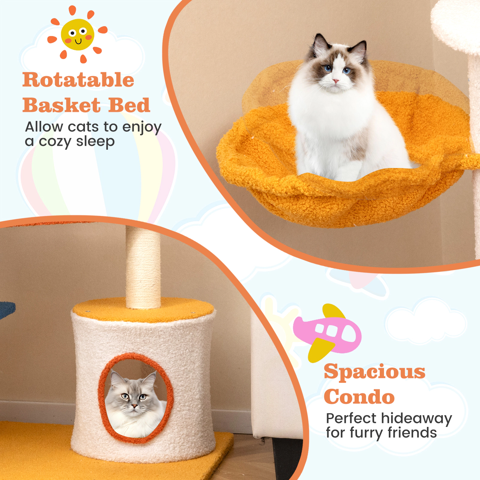 SUGIFT 70-in Tall Aviation-Themed Cat Tree with Helicopter Top Perch, Condo & Platforms 22-lb Capacity Blue White Yellow