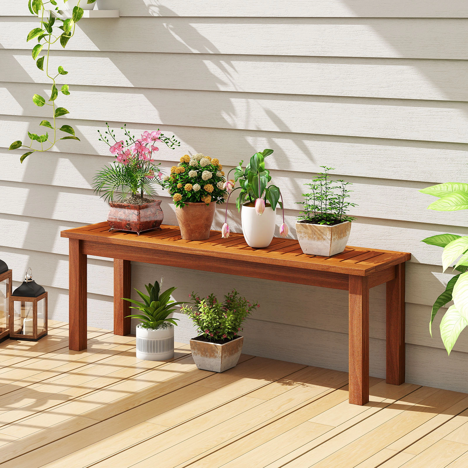 SUGIFT 45-Inch Natural Wood Outdoor Garden Bench, 440-Lb Capacity, 2-Seat Backless Slatted Design