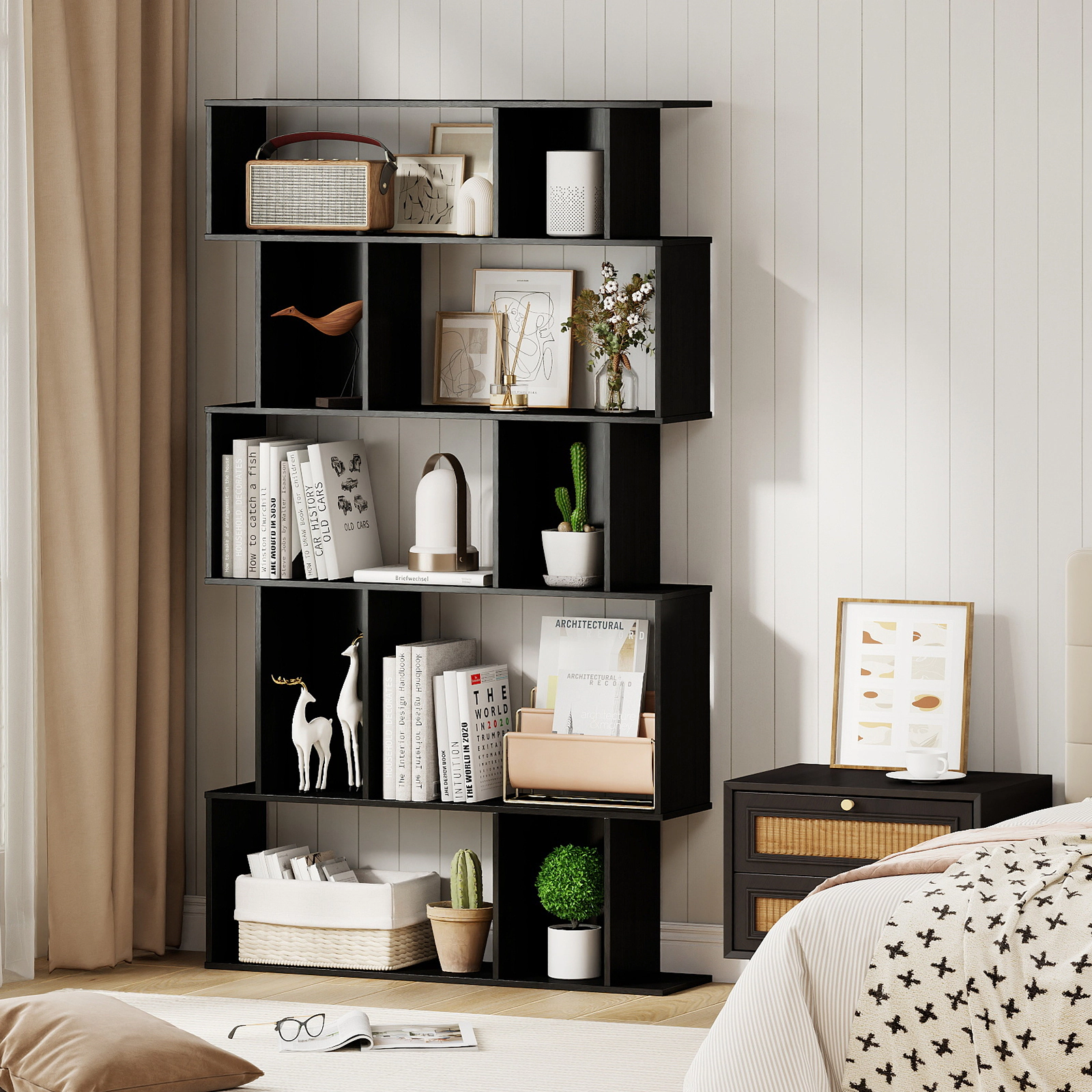 SUGIFT 5-Tier Geometric Bookshelf 62 with Open and Closed-Back Cubes