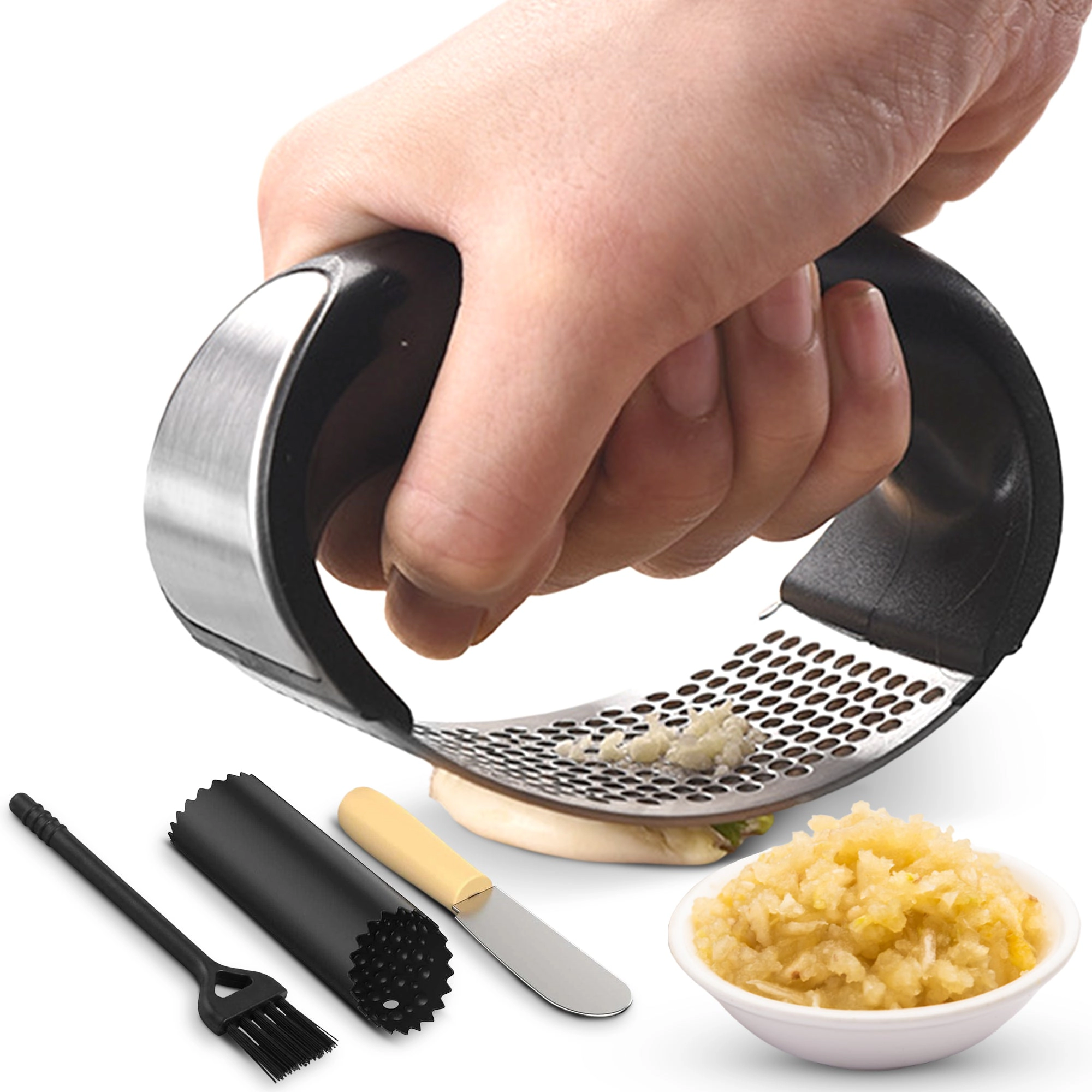 Cheer Collection Garlic Press Rocker Set, Stainless Steel with Peeler and Brush