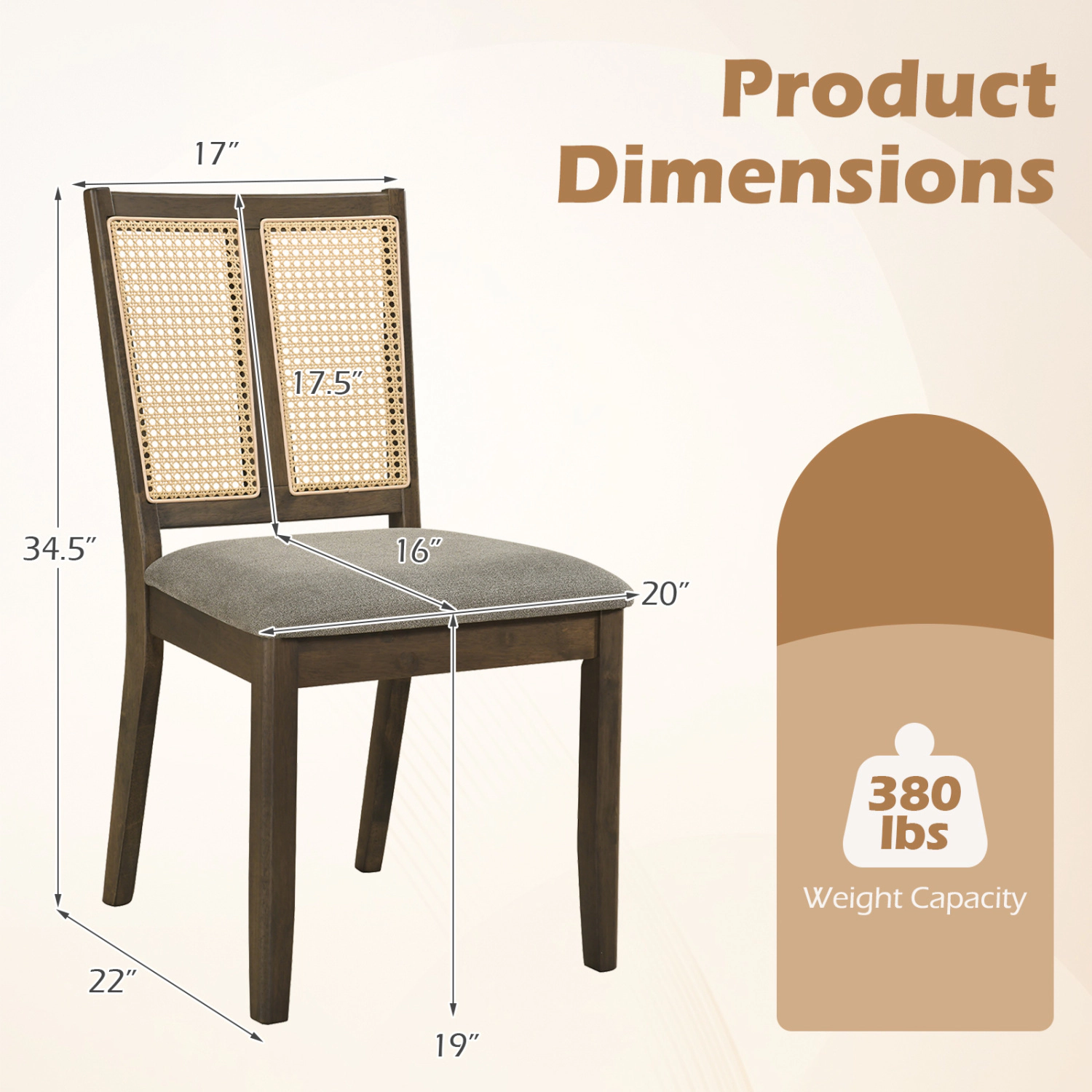 LJG Rattan Dining Chairs Set of 2 with Curved Backrest & Padded Seat for Room