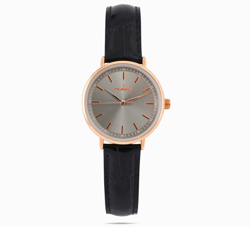 Peugeot Women's 30mm Rose Gold Case Watch with Black Genuine Leather Band