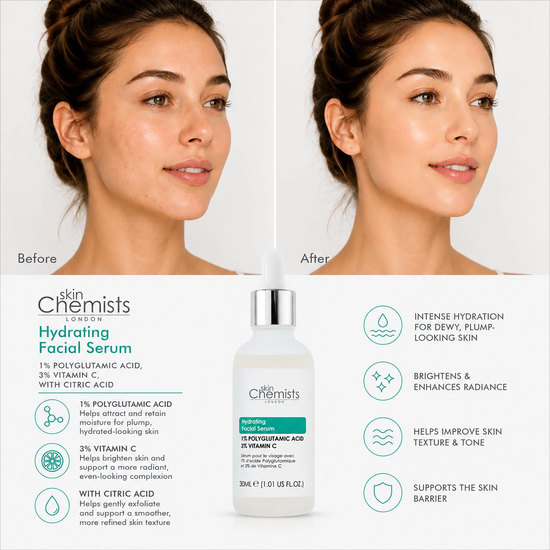 skinChemists Hydrating Polyglutamic Acid 1% Vitamin C 3% Facial Serum 30ml