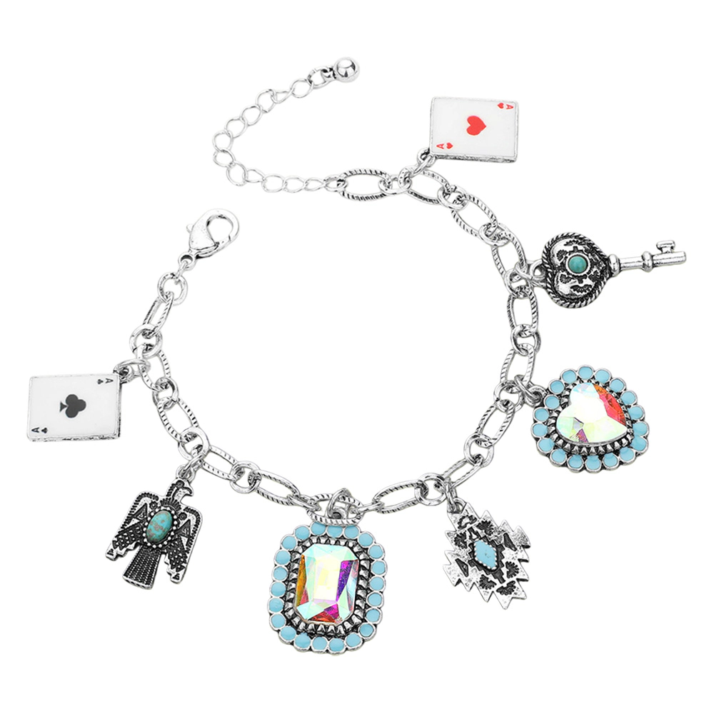 FASHNZFAB Ace Of Heart Ace Of Clover Western Bird Key Rectangle Heart Stone Cluster Charm Station Bracelet