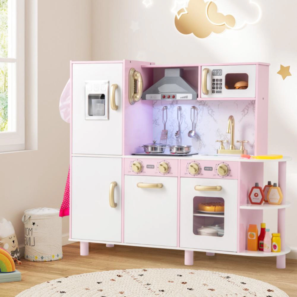 Hivvago Wooden Kitchen Playset with Ice Maker and Sounds for Ages 3+-Pink