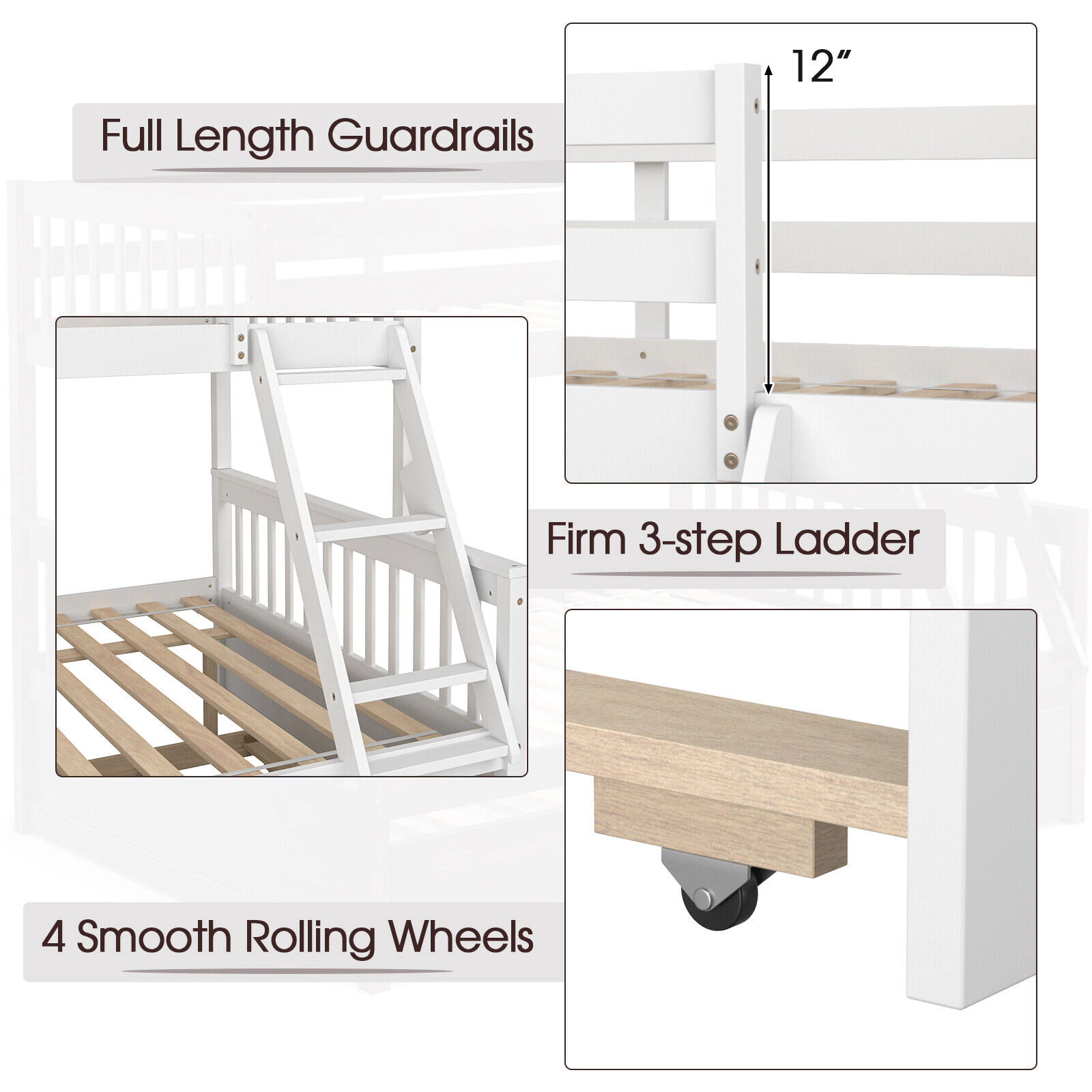 SUGIFT White Twin Over Full Solid Pine Convertible Bunk Bed with Twin Trundle Guardrails and 3-Step Ladder