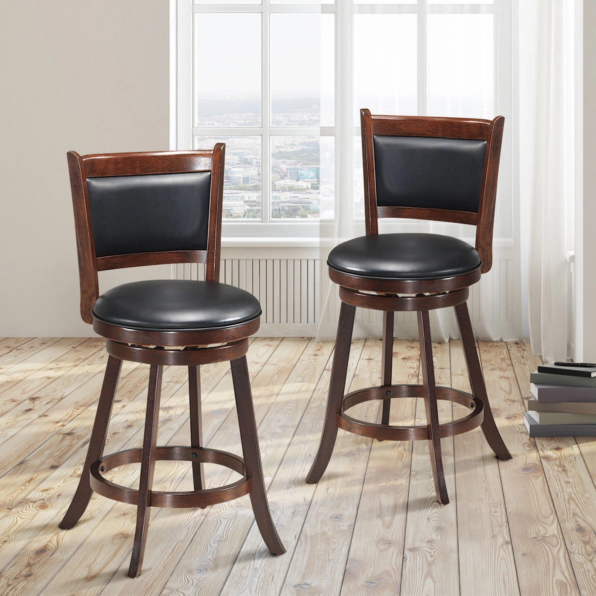 SUGIFT Swivel Counter Stool Dining Chair with Upholstered Seat 264-lb Capacity Brown 24-in Seat Height