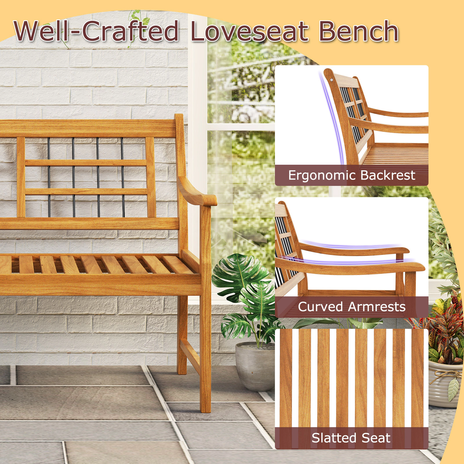 SUGIFT Curved Armrests Slatted Seat and Backrest 46.5 Inch Patio Acacia Wood Bench